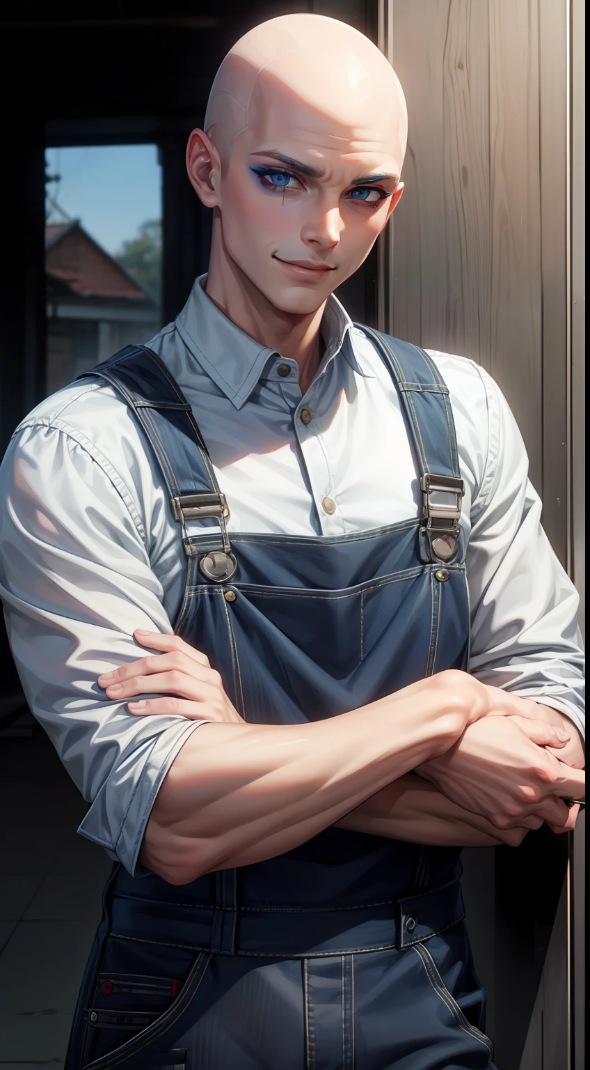 Young guy, bald, The eyes are blue, blue overalls, bloods, knife, smirk, eye shadow, Masterpiece, hiquality