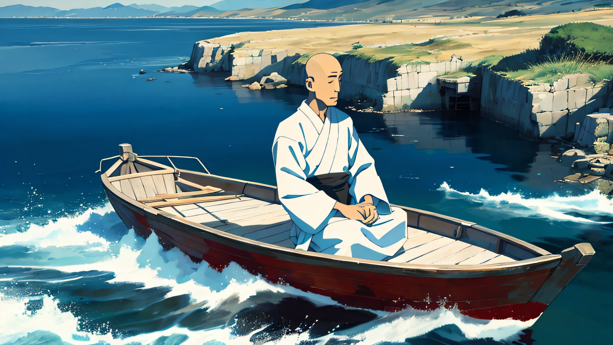 "An ancient Zen monk with white bread peacefully meditating on a tranquil boat, embraced by the vastness of the sea."