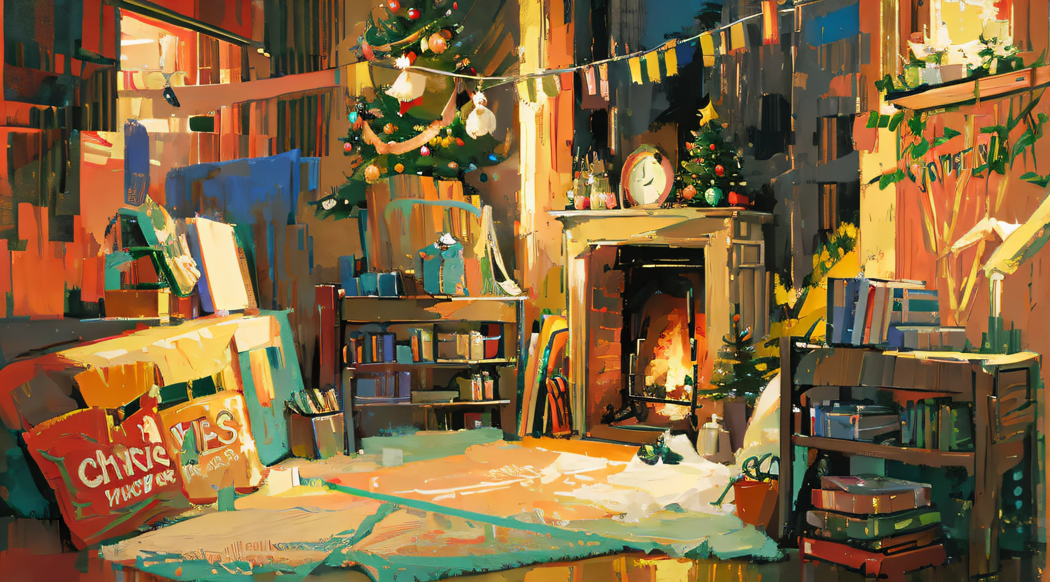Christmas tree、Cute cats and dogs、Dress up as a gift、Hanging pictures,Christmas decorations,Cosy fireplace,Oil painting style at nightfall,Vintage tones。