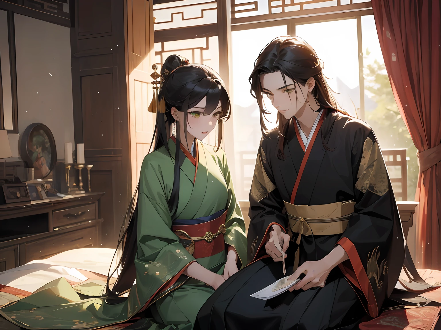 tmasterpiece,Ultra-clear image quality,2guys,1 man,20yr old,brunette color hair,Yellow dark pattern Hanfu,Sitting on the bedside,1 woman,16 yaers old,Long black hair fluttering,Green eyes,ssmile,Light green gorgeous Hanfu,Look up at the perspective,Sitting on the bedside,Background with:Ancient Chinese room