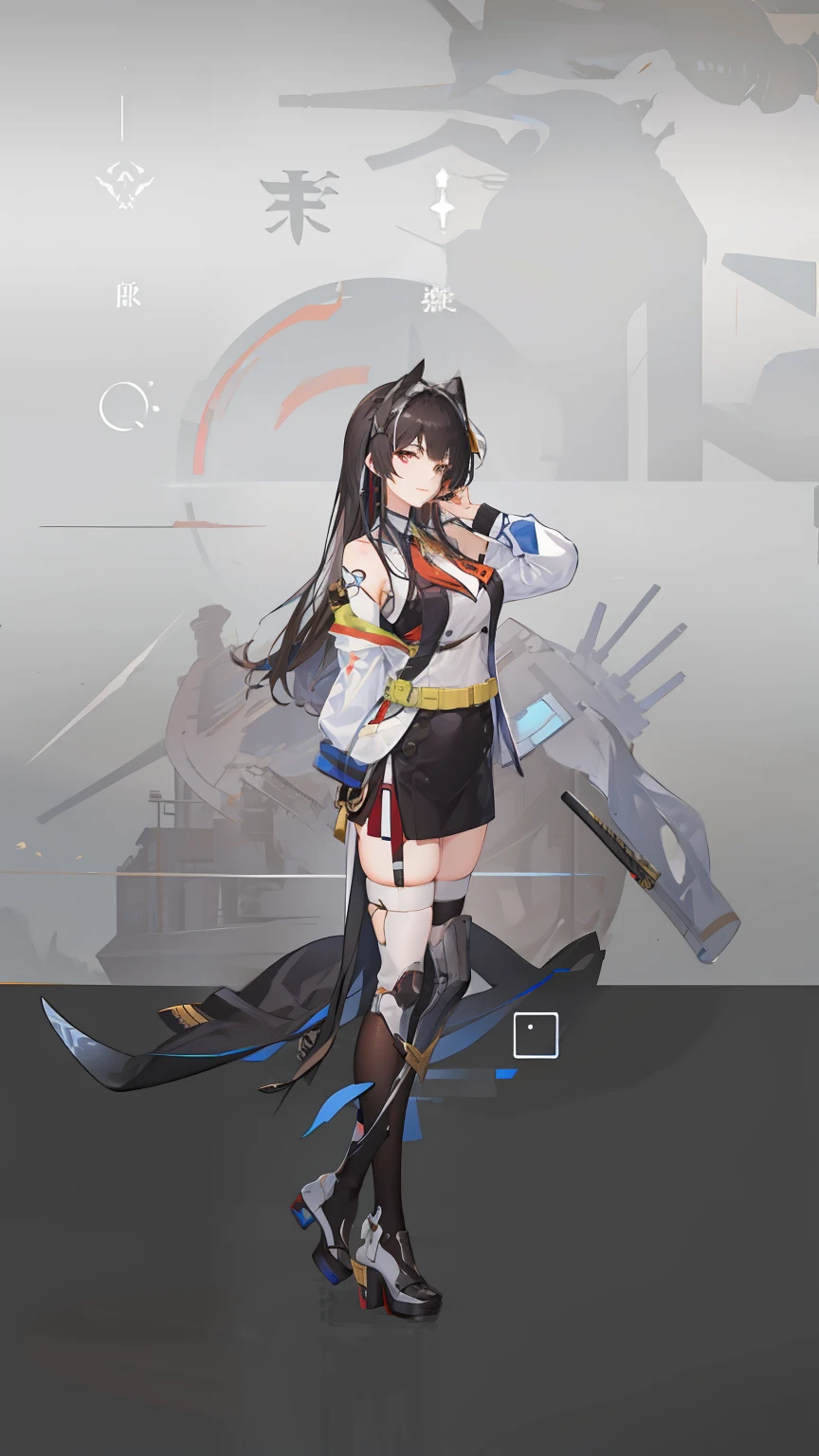 Anime girl with long black hair and sword on gray background, girls frontline style, azur lane style, girls frontline universe, Fine details. Girl Front, from girls frontline, Girls Frontline CG, full-body xianxia, 《azur lane》role, Girl Front, A scene from the《azur lane》videogame, Kantai collection style, Katana Zero video game character，Best quality at best，超高分辨率，（真实感：1.4），1girl，tmasterpiece，exteriors，full bodyesbian，The left hand and right leg are prosthetics