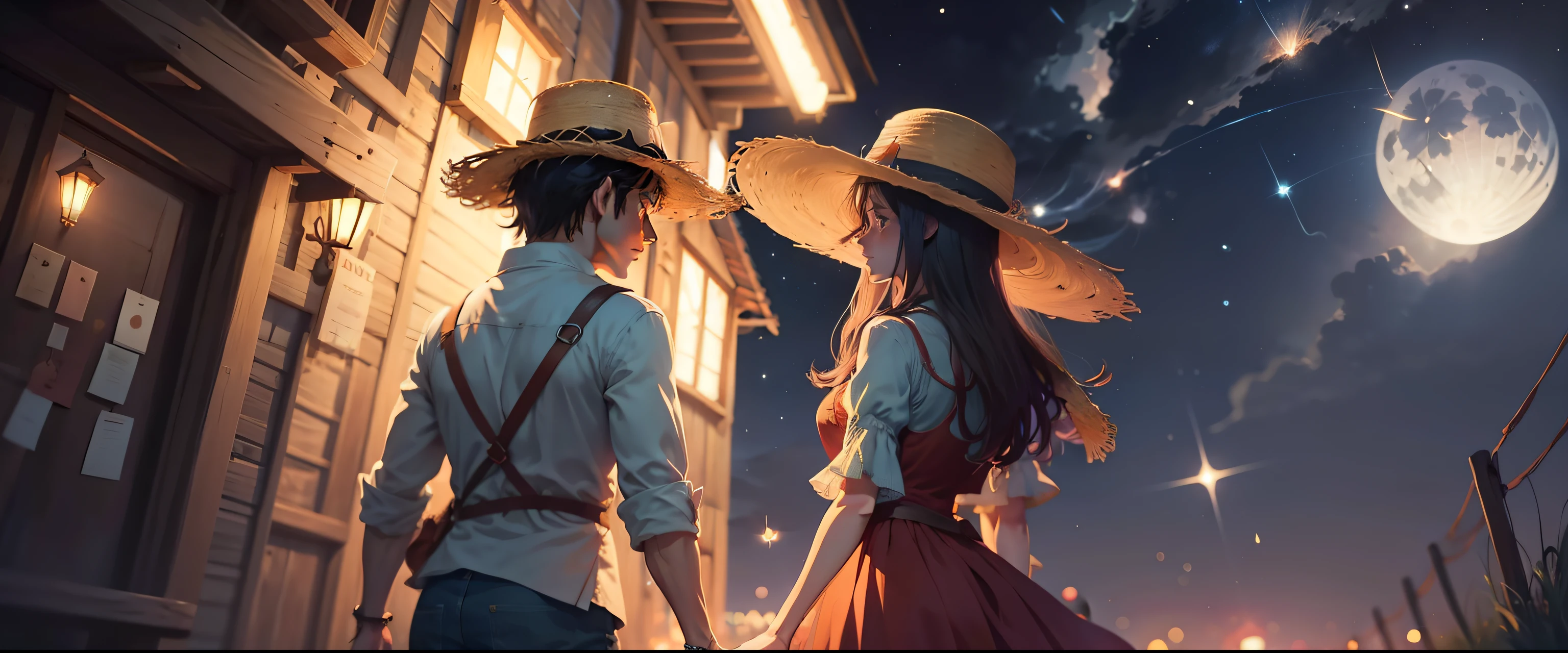 Luffy dressed as a pirate and Nami using a straw hat are looking at the stars, inspired by Jakub Schikaneder, inspired by Pascale Campion, art concept for a book cover, summer night, torches and fireflies, novel cover art for a book, holding hands in the moonlight, beneath the stars, with stars, fireflies, book cover illustration, looking at the stars