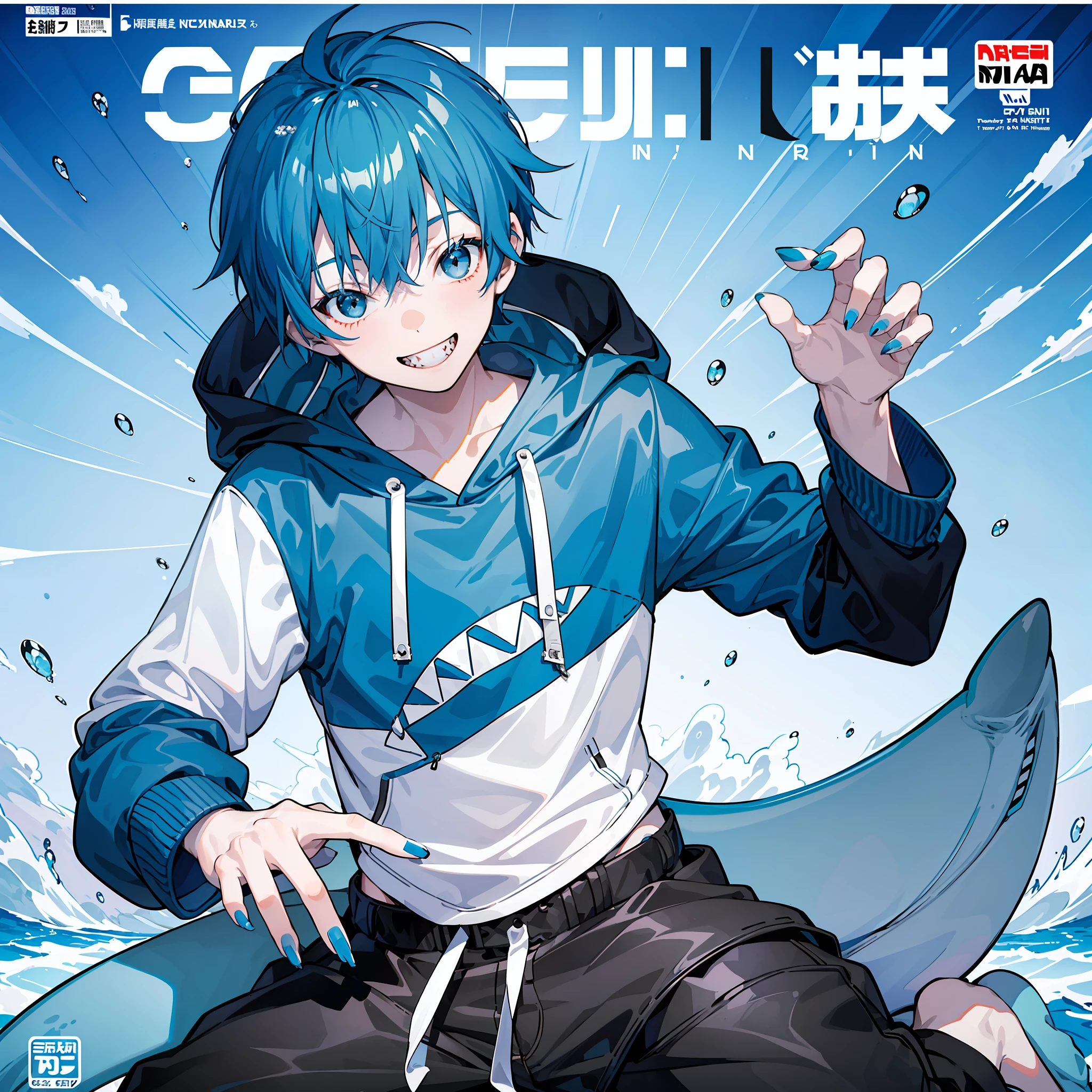 masterpiece, best quality, full body, (1boy), (Wearing a blue shark tail hoodie), (boy smiling sharp teeth), (Boy Messy Japanese Round Haircut for Thick Hair), (blue nails), (blue hair), black shorts, ((solo)), (magazine:1.3), (cover-style:1.3), fashionable, under the ocean