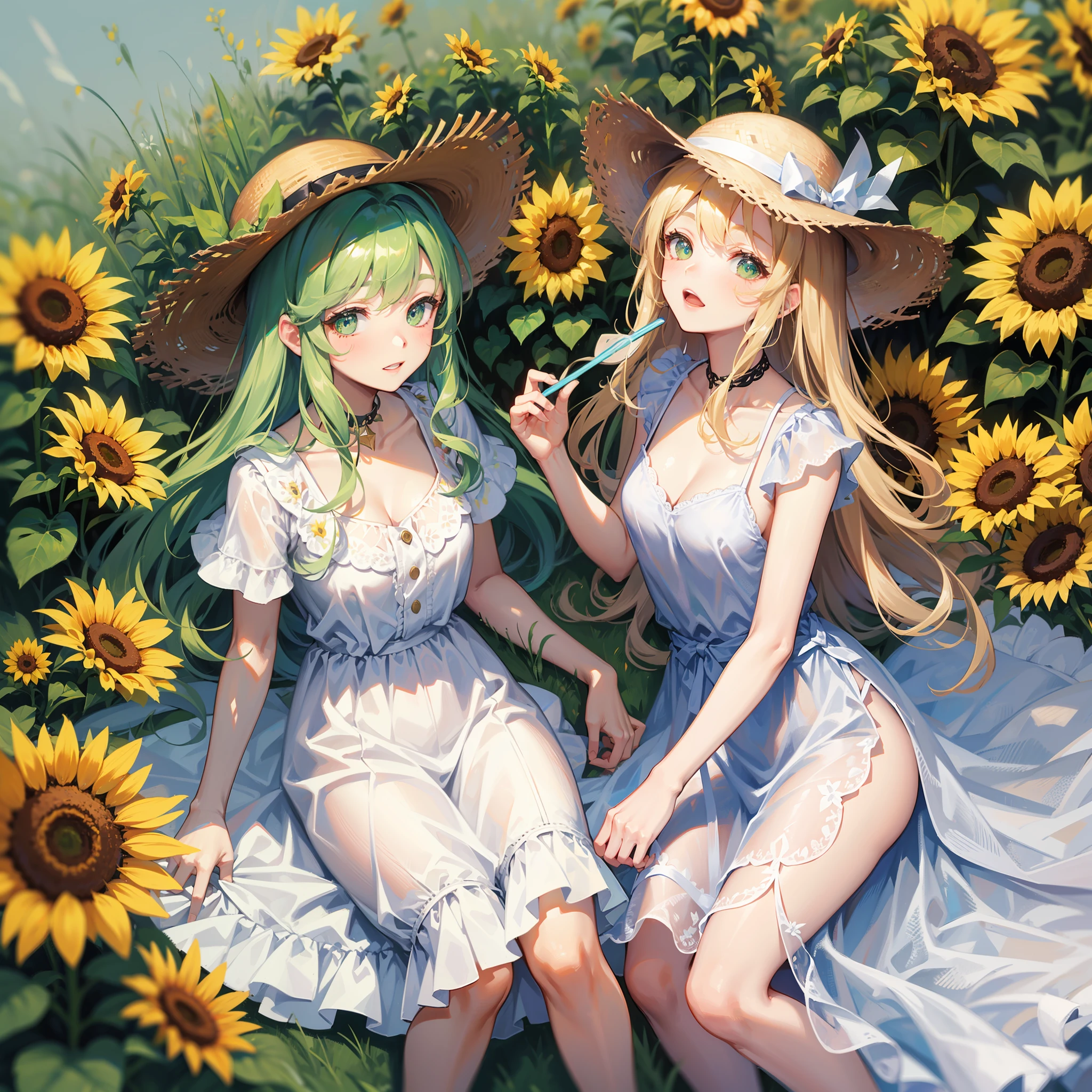 white dresses,White canvas shoes,Mature girls,long white hair,Light green eyes,Wearing a straw hat,Sunflowers in straw hats,adolable,vivaciousness