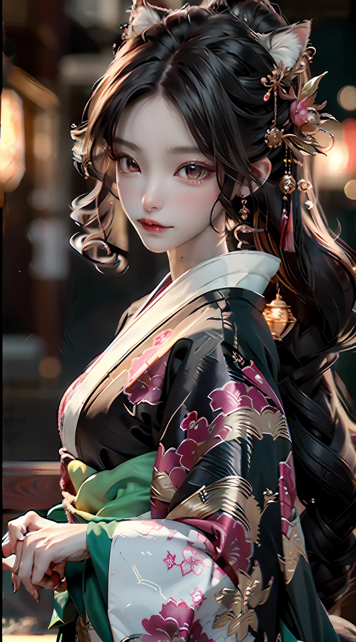 (filigree,Sharp images,Hyper-Resolution,Extremely amazing detail,awe-inspiring detail),tmasterpiece,best qualtiy,high qulity,(1girll:1.2),Cat demon,youkai,catss,Long curly black hair,with brown eye,Kizi,Delicate facial features,curlies,Hair flying,Natural light,