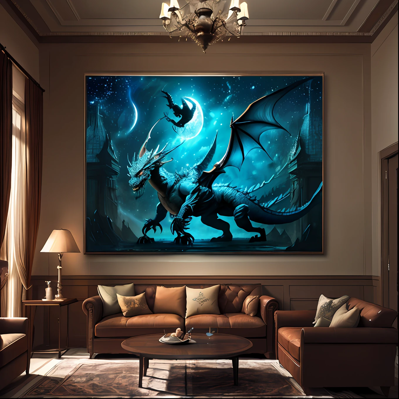 high details, best quality, 8k, [ultra detailed], masterpiece, best quality, (extremely detailed), dynamic angle, ultra wide shot, photorealistic, modern living room  room, fantasy art decoration (intense details, Masterpiece, best details: 1.5), decorative swords on the wall (intense details, Masterpiece, best details: 1.5), picture of a dragon on the wall (intense details, Masterpiece, best details: 1.5), large windows, night time, moon light, stars, modern chandeliers, wine refrigerator, 2 sofas, large sofas (intense details, Masterpiece, best details: 1.5)