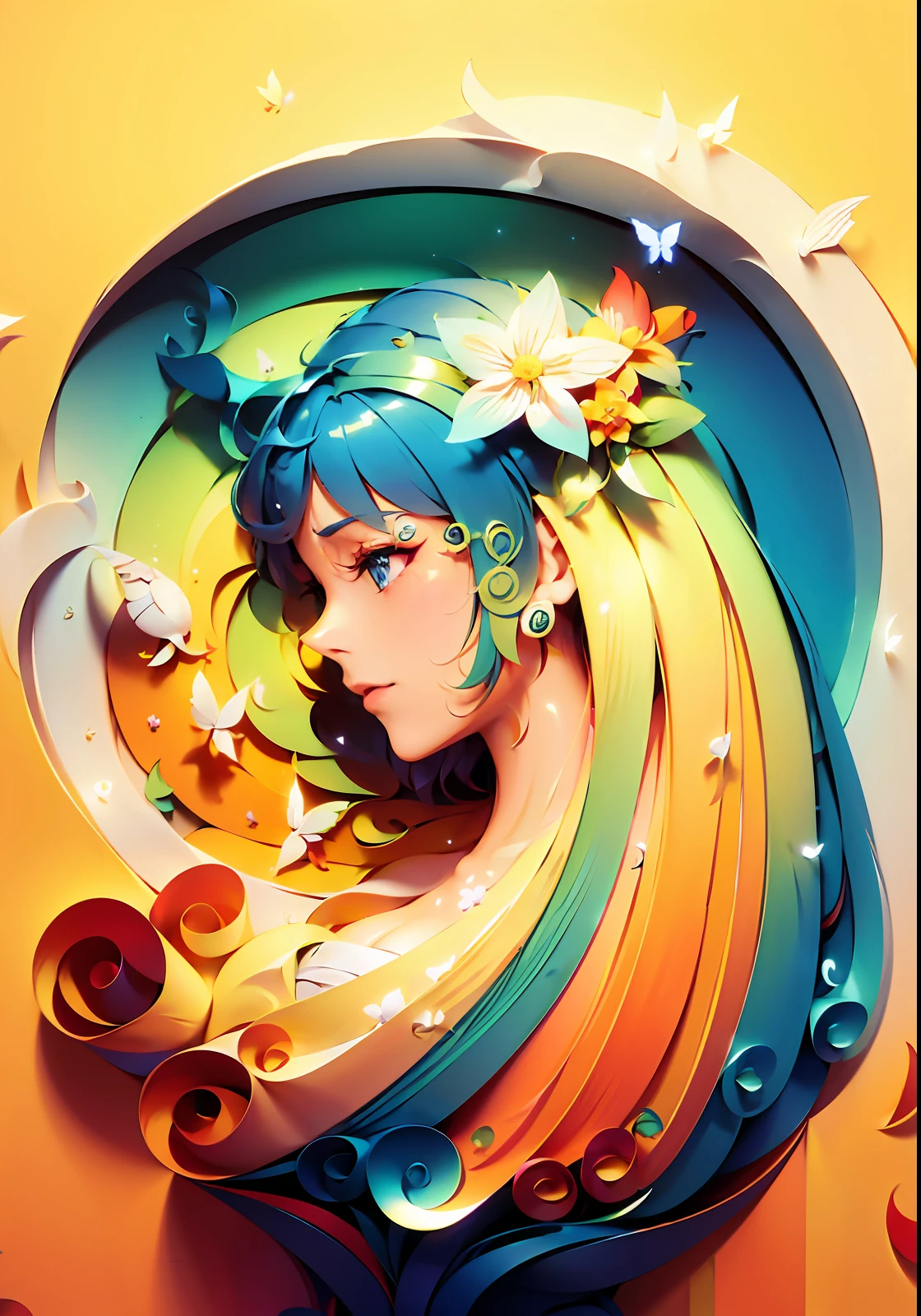 spring, paper art, origami, 3d rendering, colorful, beauty side face, phoenix, flowers, butterflies, lines, best quality, detailed details, masterpieces, official art, film lighting effects, 4K, paper_cut