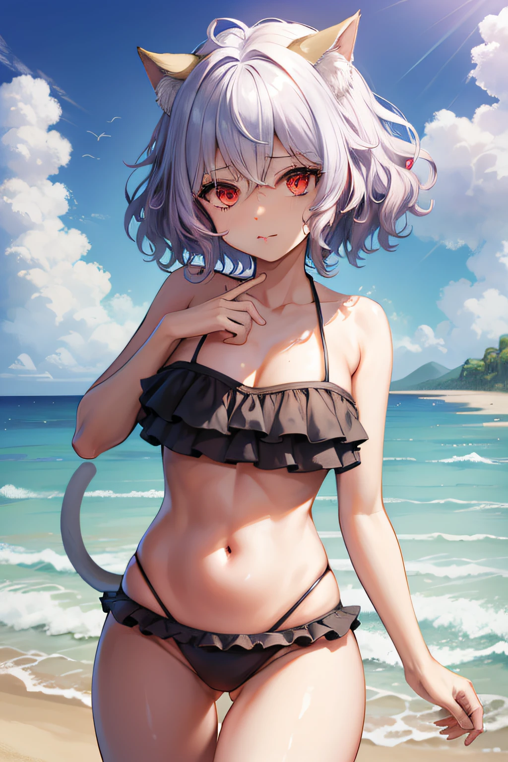 masterpiece, best quality, highres, neferpitou1, cat ears, (cat tail:0.8), solo, short hair, red eyes, hair between eyes, :3, curly hair, cat girl, frill_bikini, beach, day, cloud, wariza,