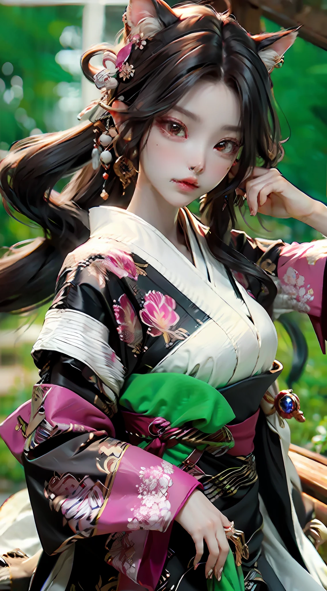 (filigree,Sharp images,Hyper-Resolution,Extremely amazing detail,awe-inspiring detail),tmasterpiece,best qualtiy,high qulity,(1girll:1.2),Cat demon,youkai,catss,Long curly black hair,with brown eye,Kizi,Delicate facial features,curlies,Hair flying,Natural light,