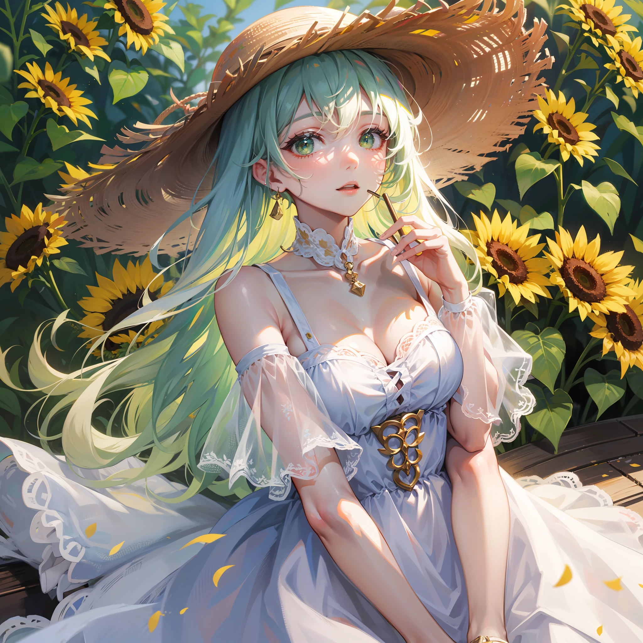 white dresses，White canvas shoes，Mature girls，long  white hair，Light green eyes，Wearing a straw hat，Sunflowers in straw hats，adolable，vivaciousness