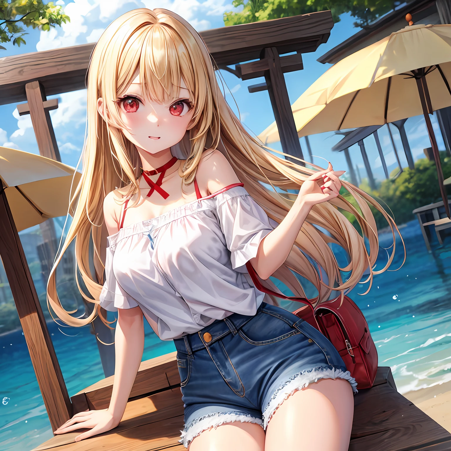 Anime girl sitting on a bench with a red purse and umbrella - SeaArt AI