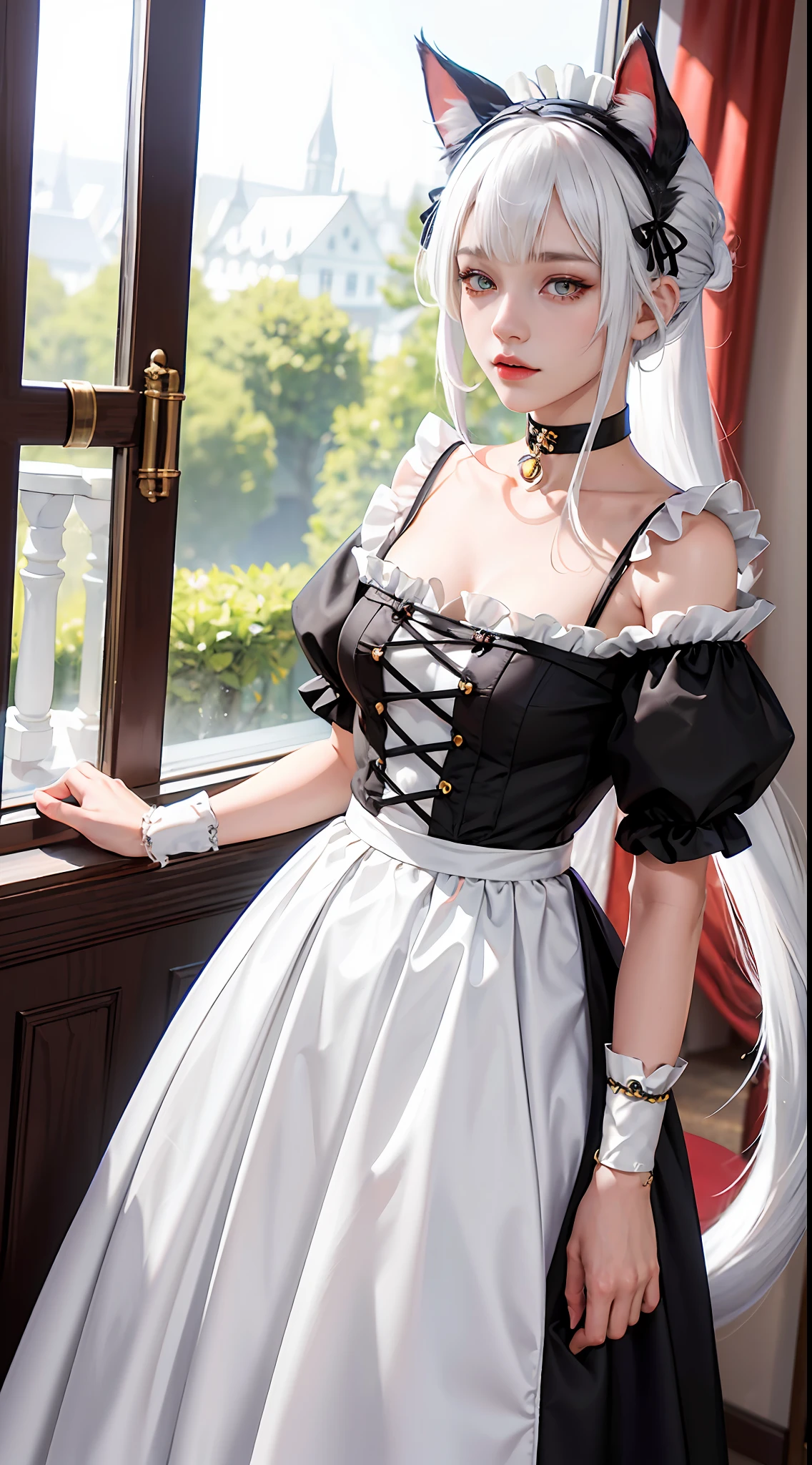 Cat tail, the maid outfit, white hair, hair over shoulder, maid headdress, fox mask, anchor choker, mismatched pupils, gradient eyes, red eyes, yellow eyes, cat ears, masterpiece, textured skin, high details, high quality, award winning, best quality, highres, 16k --auto