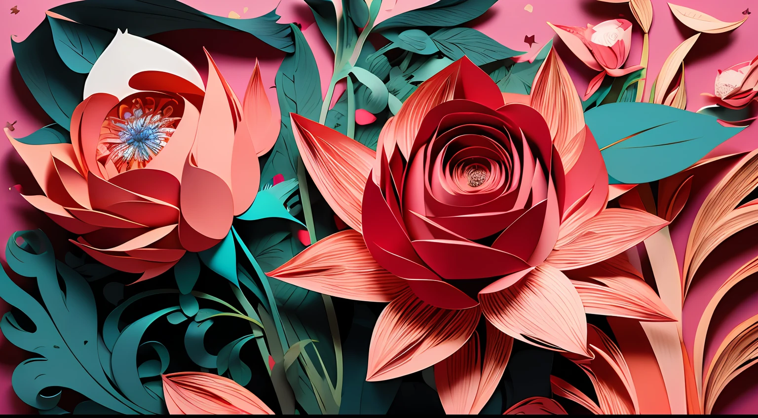 Rose flower,mostly cloudy sky,Paper_cut,Patterned,Pinkish background