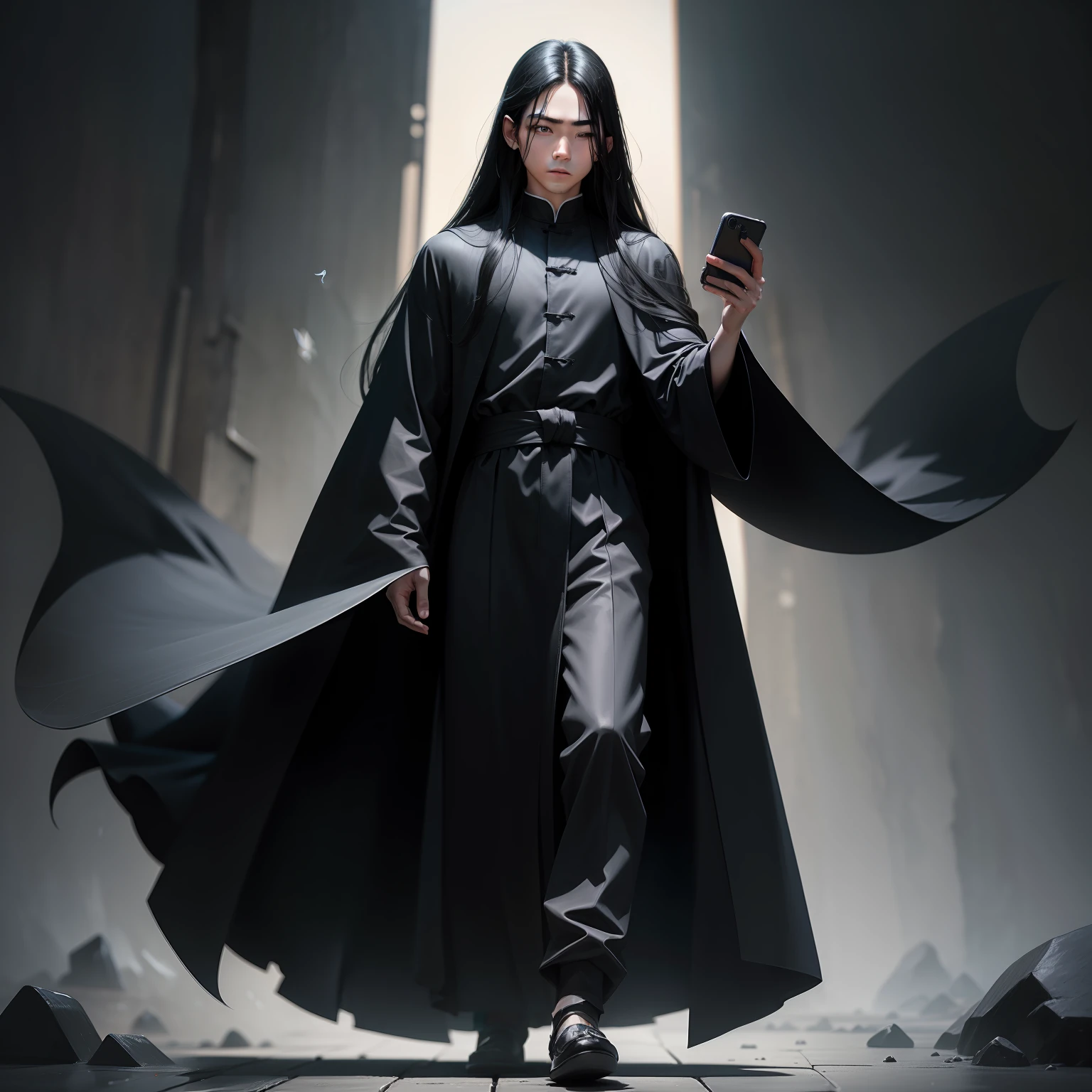 Two-dimensional style,A young boy,Wearing a black robe,Long black hair fluttering,Holding a cell phone in his hand。