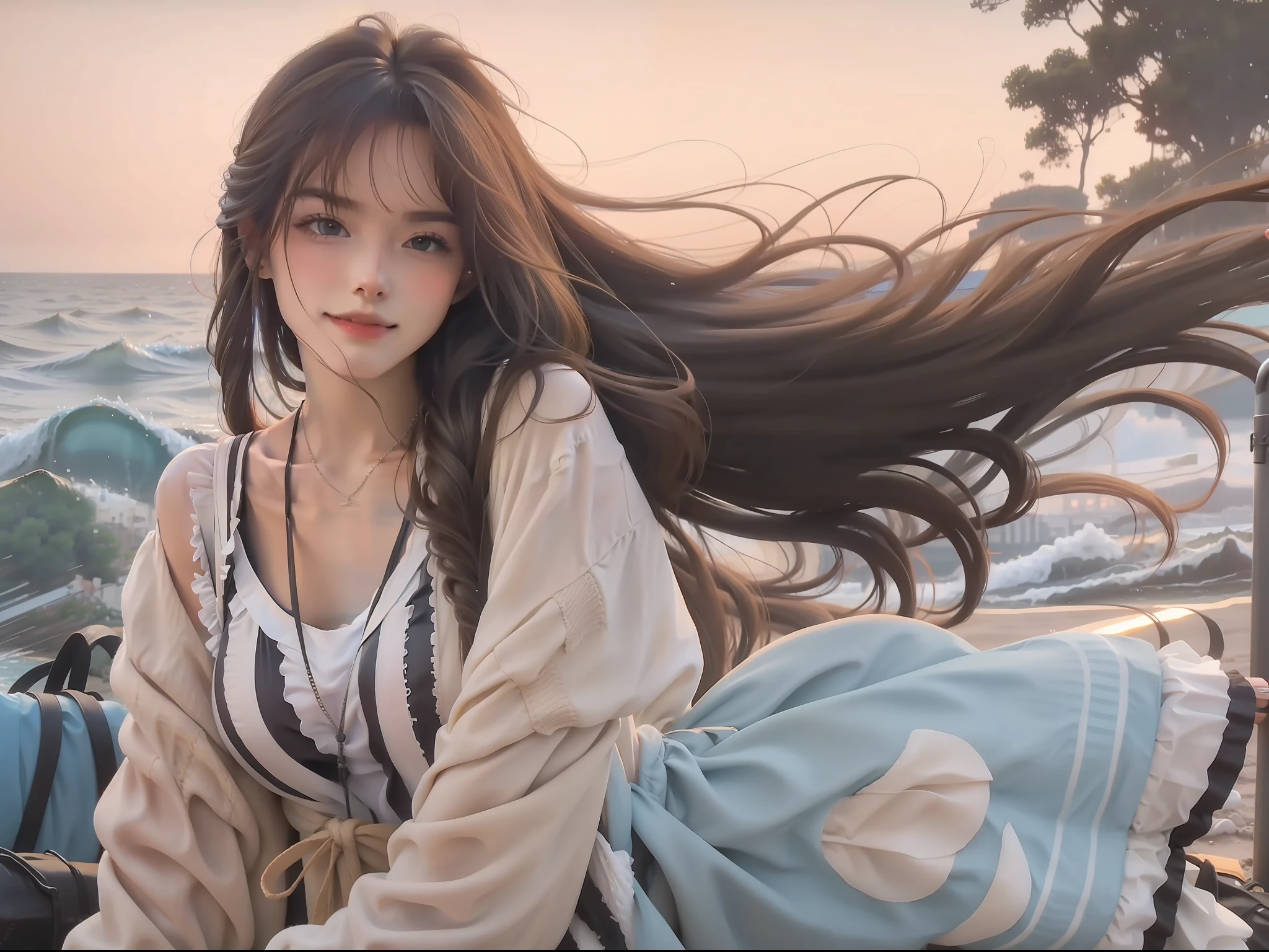 A beauty with long hair,Have by the sea,Pure