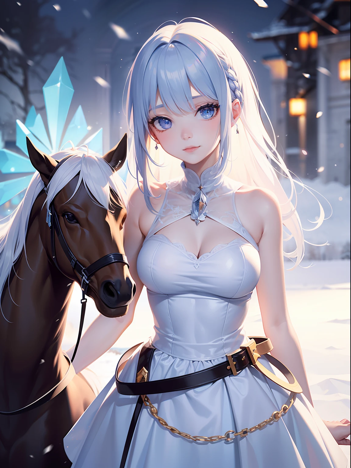 beautiful, young woman, in the crystal and ice area, fluttering snow, horse riding, a white hourse, gradient hair, white hair, blue hair, long hair, eye reflection, disdain, ray tracing, reflection light, blurry, glowing light, depth of field, chiaroscuro, stereogram, zoom layer, cowboy shot, f/2.8, bokeh, masterpiece, best quality, high quality, HD
