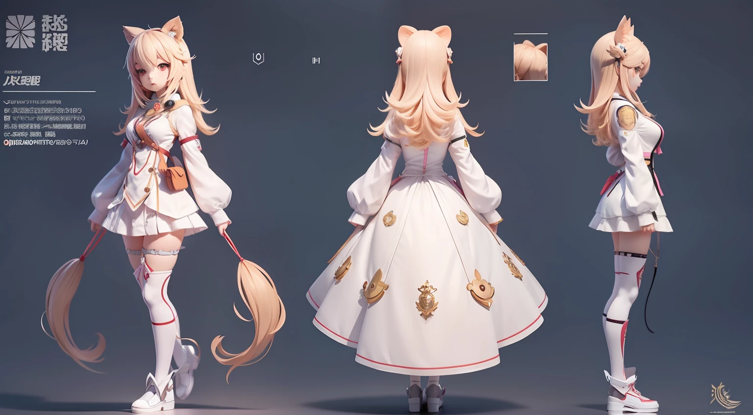 An anthropomorphic anime character，Lion holding a cell phone，Wear white clothes，pretty anime character design，Kantai collection style，Anime moe art style，small curvaceous loli，vivaciousness，tidal current，Small loli，Anime character design，Highly detailed character design，Guviz，high quality character design，Has three views，This is the frontal view，Side view and back view