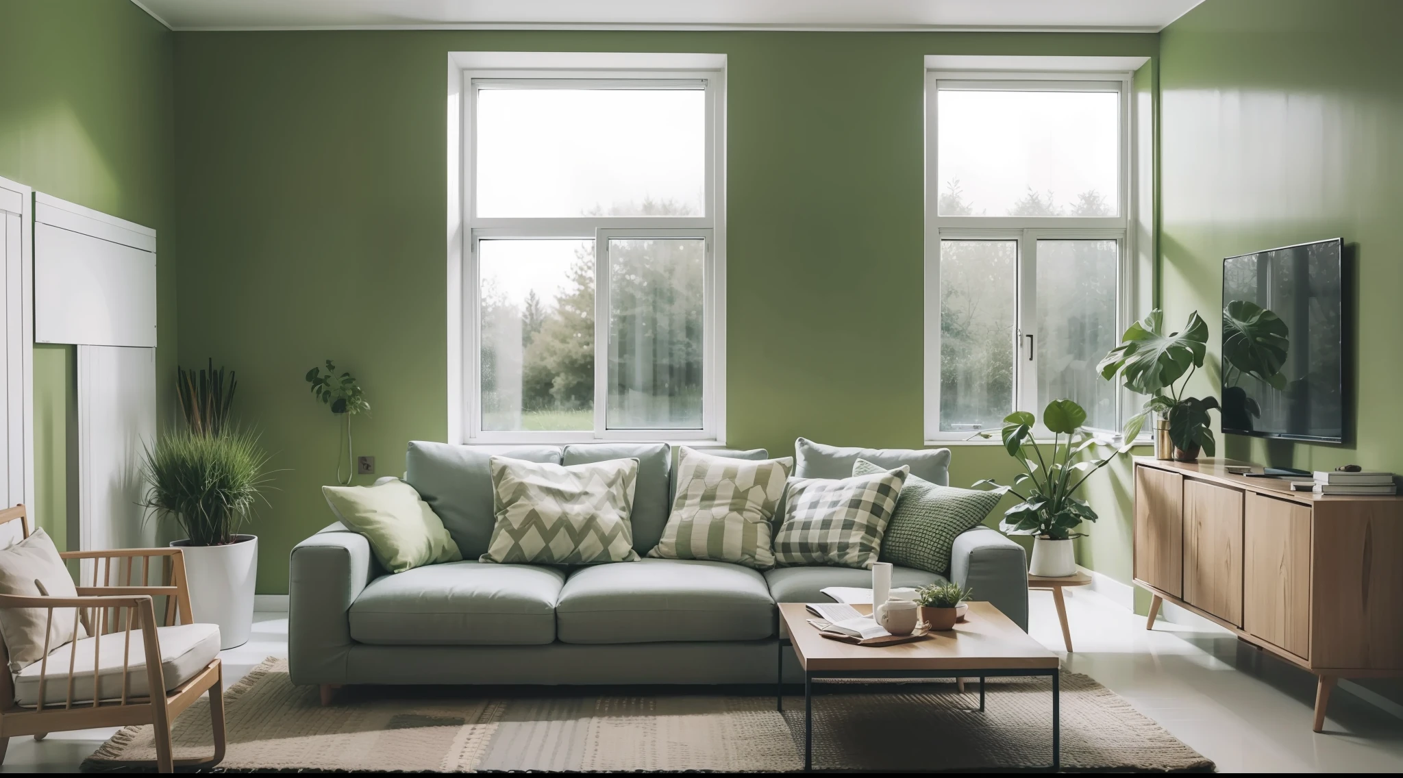 Living room sketch,brightly,Warm,Simple,Grass green walls