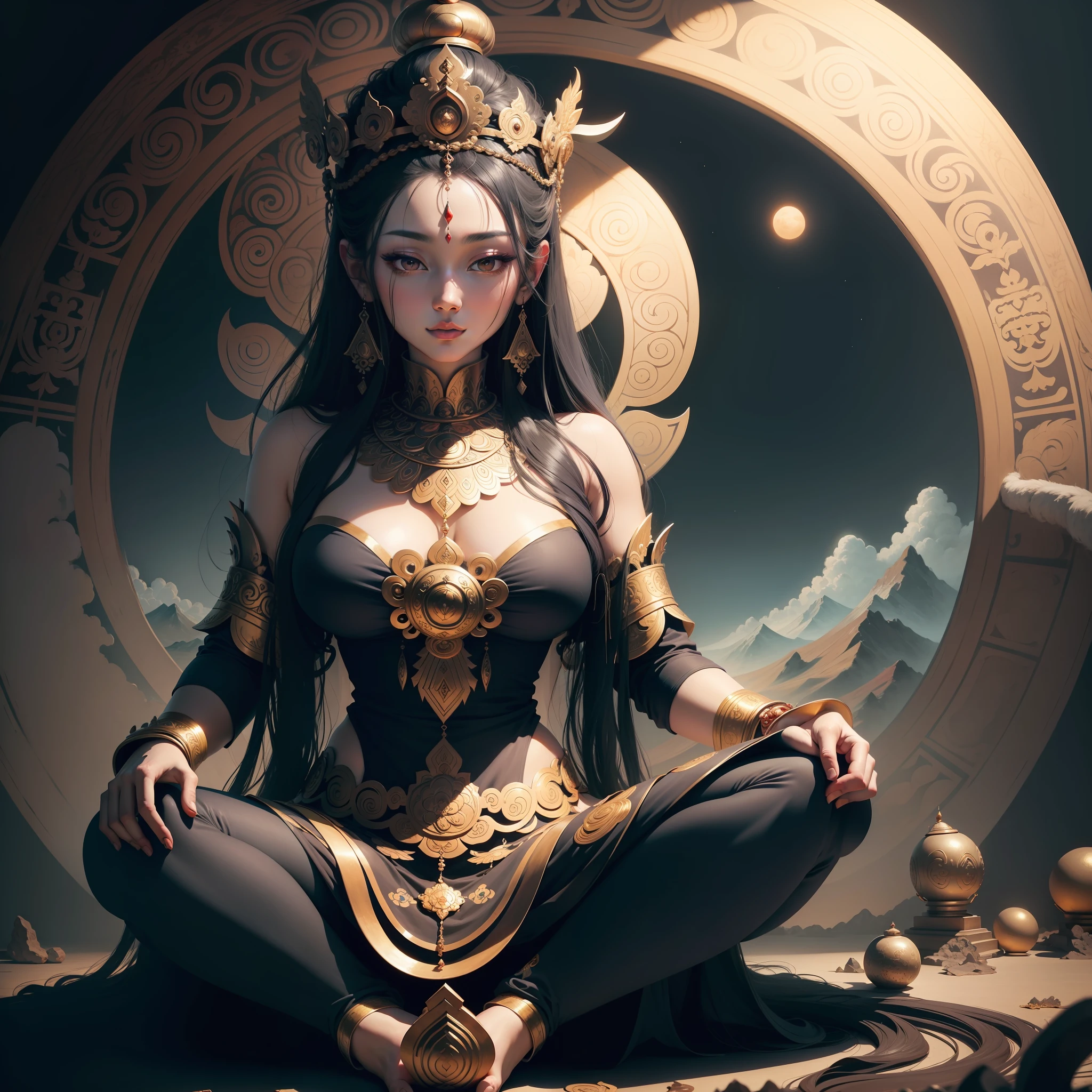 A painting of a Buddhist goddess from 1750，Vast landscape，ominous vibe，Unique illustration，Large murals，Gorgeous complexity，A high resolution