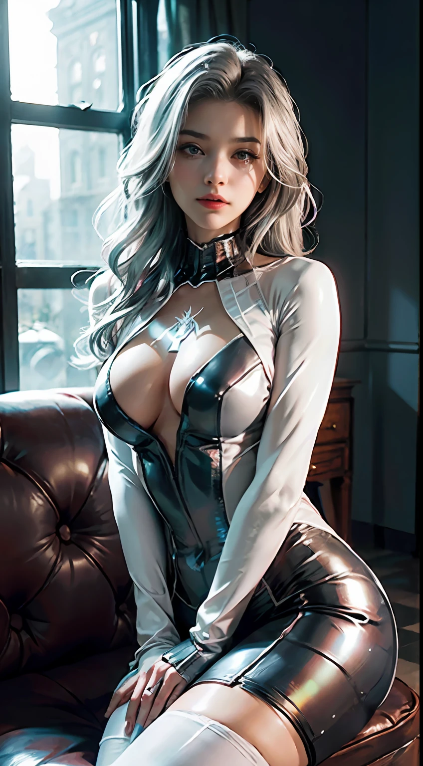 (Extreme Detail CG Unity 8K wallpaper, masterpiece, highest quality), (Exquisite lighting and shadow, highly dramatic picture, Cinematic lens effect), a girl in a white Spider-Man transparent costume, neon gray hair color, from the Spider-Man parallel universe, Wenger, Marvel, Spider-Man, sitting on the couch, dynamic pose), big breast, (excellent detail, excellent lighting, wide angle), (excellent rendering, enough to stand out in its class), focus on white Spider-Man costumes, complex spider textures
