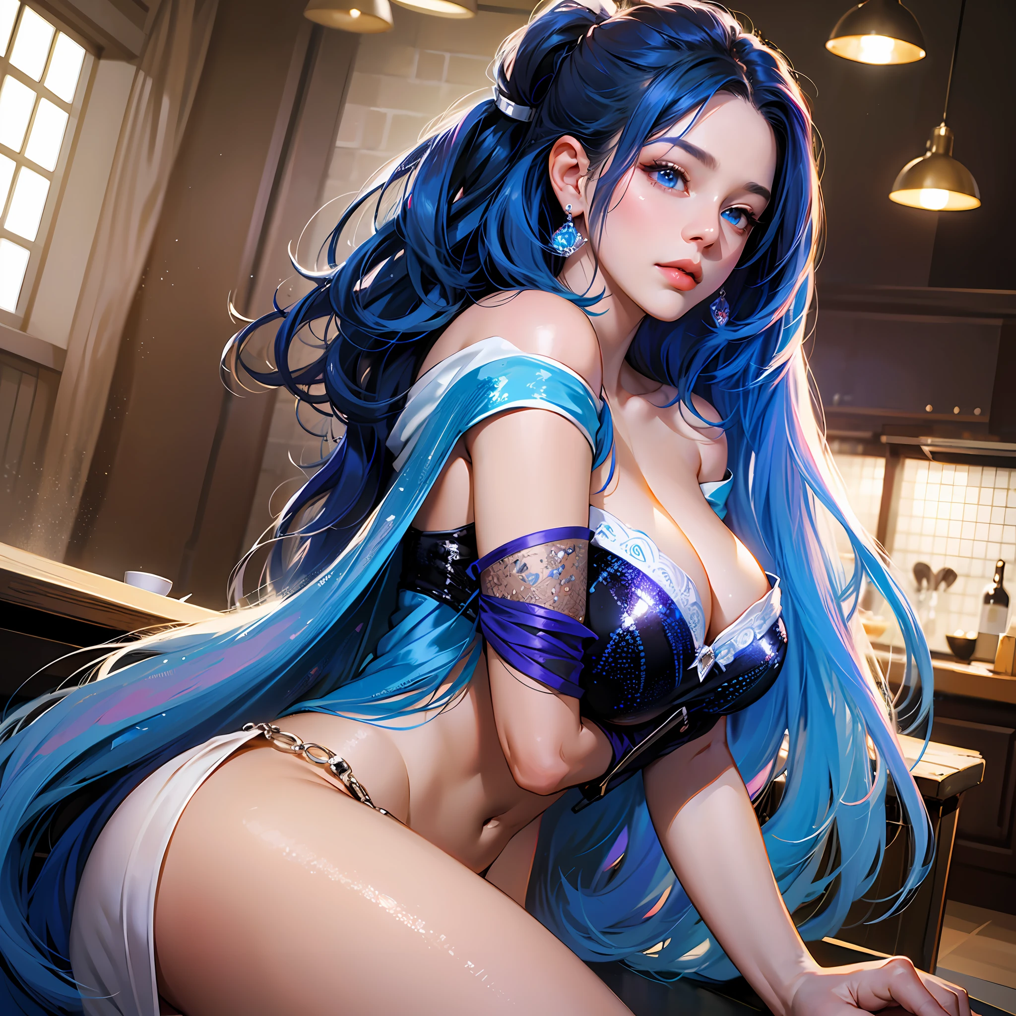 8K、top-quality、Masterpiece、An ultra-high picture quality、ultra-detailliert、Super beautiful、animesque、Ultra-realistic flesh feeling、full bodyesbian、Drinking a latte、Off-shoulder blue knitwear、Beautuful Women、Long blue hair、poneyTail、Blue eyes、shinny skin、Very gigantic-breasts、extremely big ass、shinny skin 、The background is a café --auto --s2