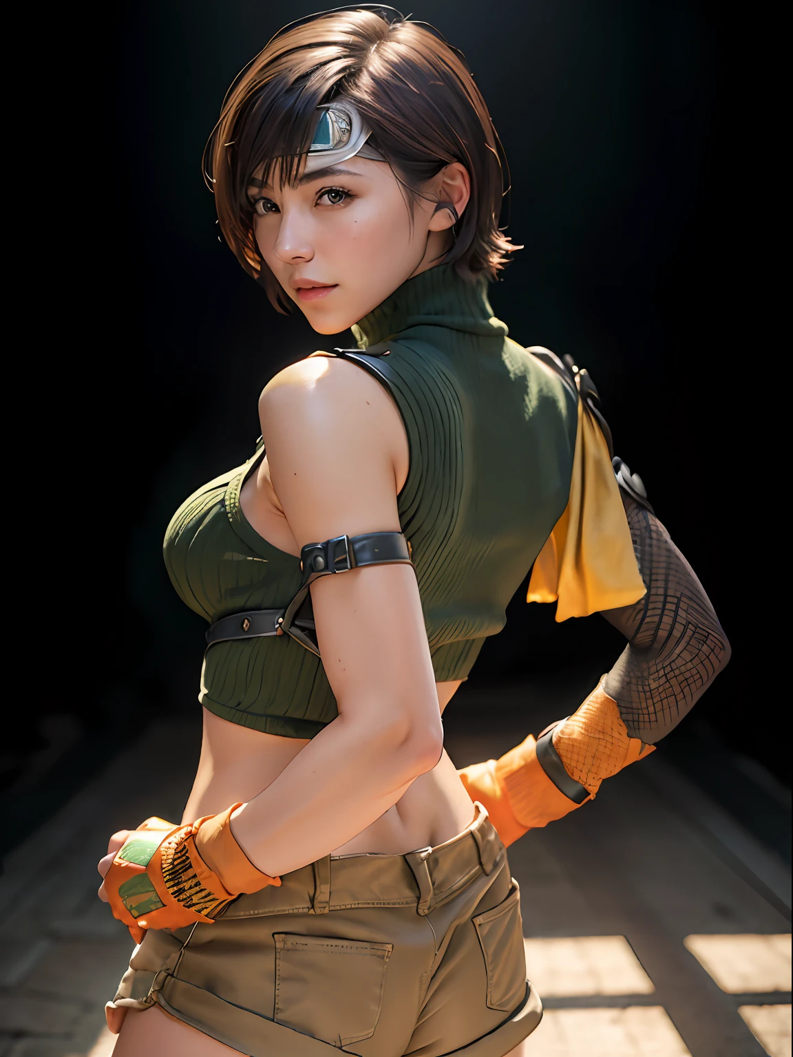 (masterpiece, best quality:1.4), (future days), (standing:1.5), (full body), (from back:1.2), (1girl), solo, (european youth:1), 1girl, short hair, headband navel, sleeveless, turtleneck, brown eyes, sleeveless turtleneck, solo, breasts, looking at viewer, sexy smile, gloves, crop top, brown hair, shorts, midriff, armor, sweater, open fly, fingerless gloves, ribbed sweater, medium breasts, yufi_kisaragi_01, girlhyperrealistic, high detailed skin, dslr, soft lighting, high quality, highly detailed face, highly detailed skin, skin pores, subsurface scattering, realistic pupils, medium breast, full face blush, full lips, detailed background, depth of field, volumetric lighting, sharp focus, absurdres, realistic proportions, good anatomy, (realistic, hyperrealistic:1.4), 16k hdr,