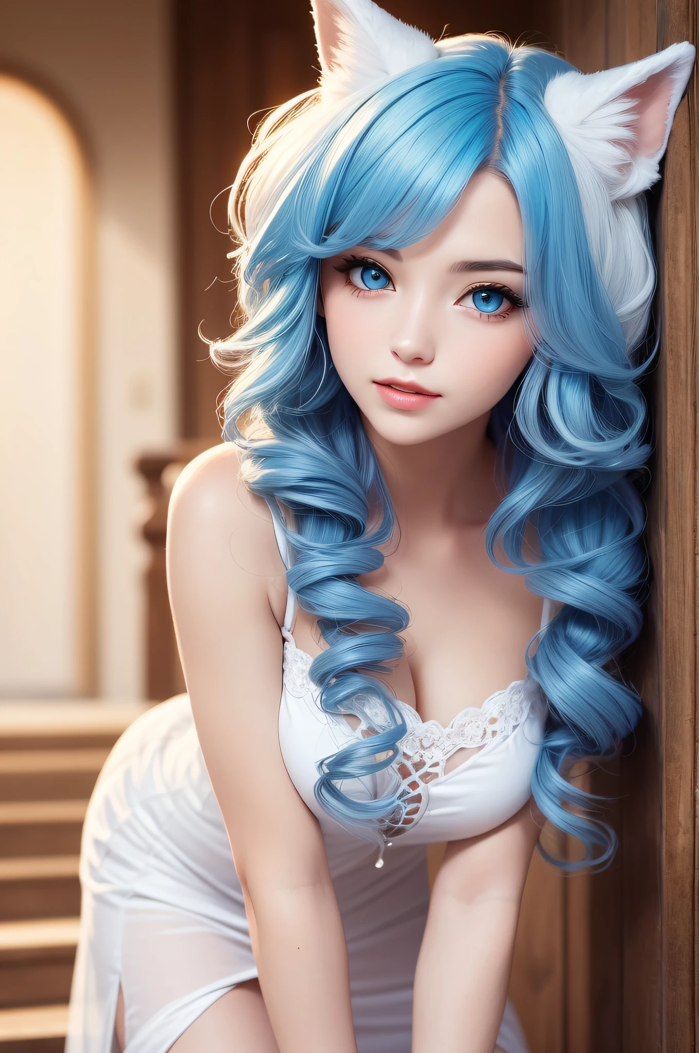 woman with，golden curly hair，blue color eyes，White fox ears，tightly dress