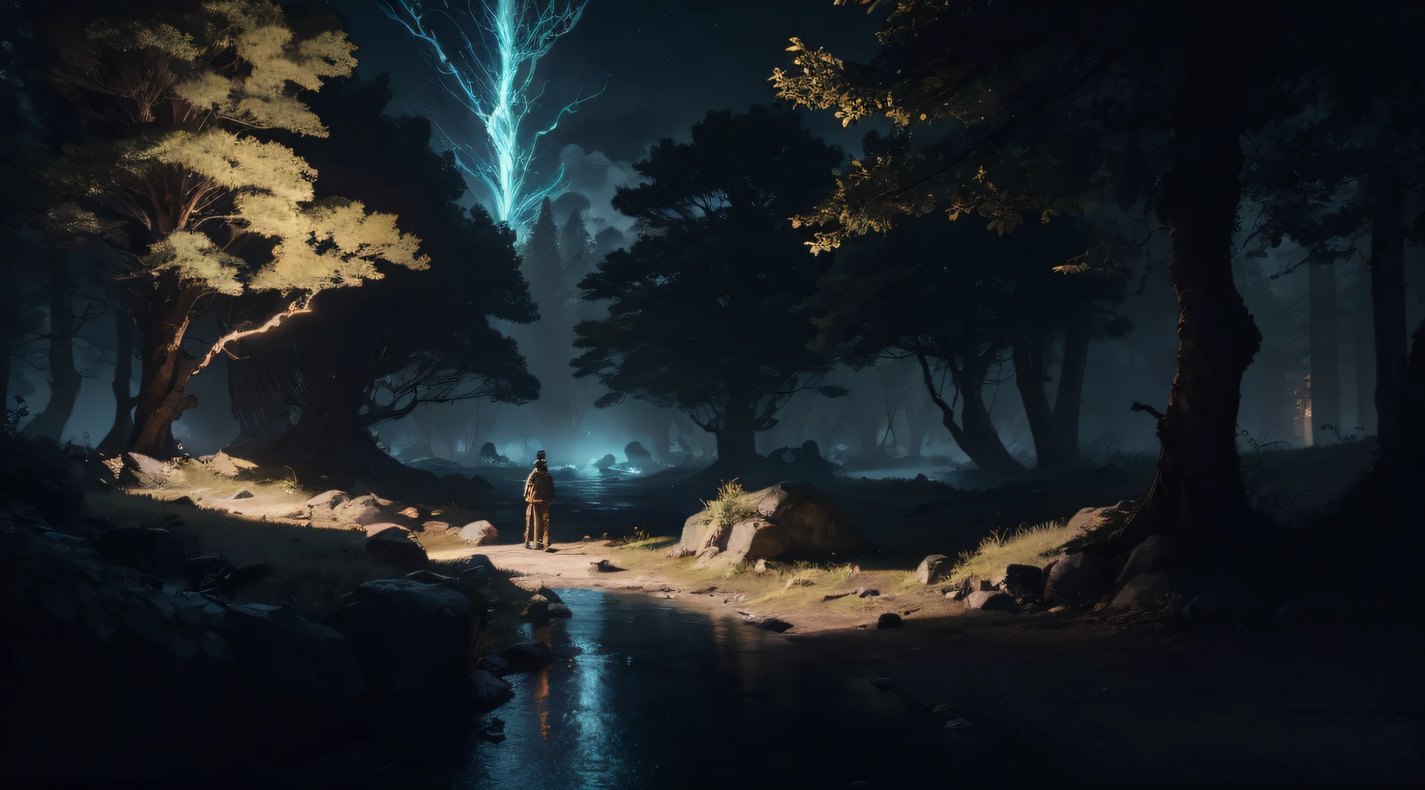 a boy standing, Blue, Masterpiece, best quality, (very detailed CG unity 8k wallpaper), (best quality), (best illustration), (best shadows), glow sprite, with a glowing deer, in the swimming pool Drinking water, natural elements in the forest theme. Mysterious forest, beautiful forest, nature, surrounded by flowers, delicate leaves and branches surrounded by fireflies (natural elements), (jungle theme), (leaves), (twigs), (fireflies), (particle effects) etc. 3D , Octane rendering, ray tracing, super detailedSky, Clouds, holding_weapon, no_humans, Glow, giant mechanical _ trees , city with tall trees _Architecture, “sky, cloud, glowing, big trees ,comunity,joy, ghost elephants, robot, cybernetic _trees, tree_mech, sci-fi, cityscape, realistic, mechanical” Science Fiction, Cities, Rendered in Octane, hyper realistic, 8k, epic composition, cinematic, octane render, artstation landscape vista photography by Carr Clifton & Galen Rowell, 16K resolution, Landscape veduta photo by Dustin Lefevre & tdraw, 8k resolution, detailed landscape painting by Ivan Shishkin, DeviantArt, Flickr, rendered in Enscape, Miyazaki, Nausicaa Ghibli, Breath of The Wild,,trending in artstation, cgsociety, 8k post-processing highly detailed,Junji Murakami, Mucha Klimt, Sharandula, Hiroshi Yoshida, Tom Bagshaw, Ross Tran, Artgerm,Craig Mullins,dramatic,Junji Murakami, moody lighting rendered by octane engine,characters 8K symmetrical arstation, cape,cinematic lighting, intricate details, 8k detail post processing, hyperealistic, octane rend, Zdzisław Beksiński style, ar 2:3 Reality Reality –auto –v6 –s2Finetuned Model Leon