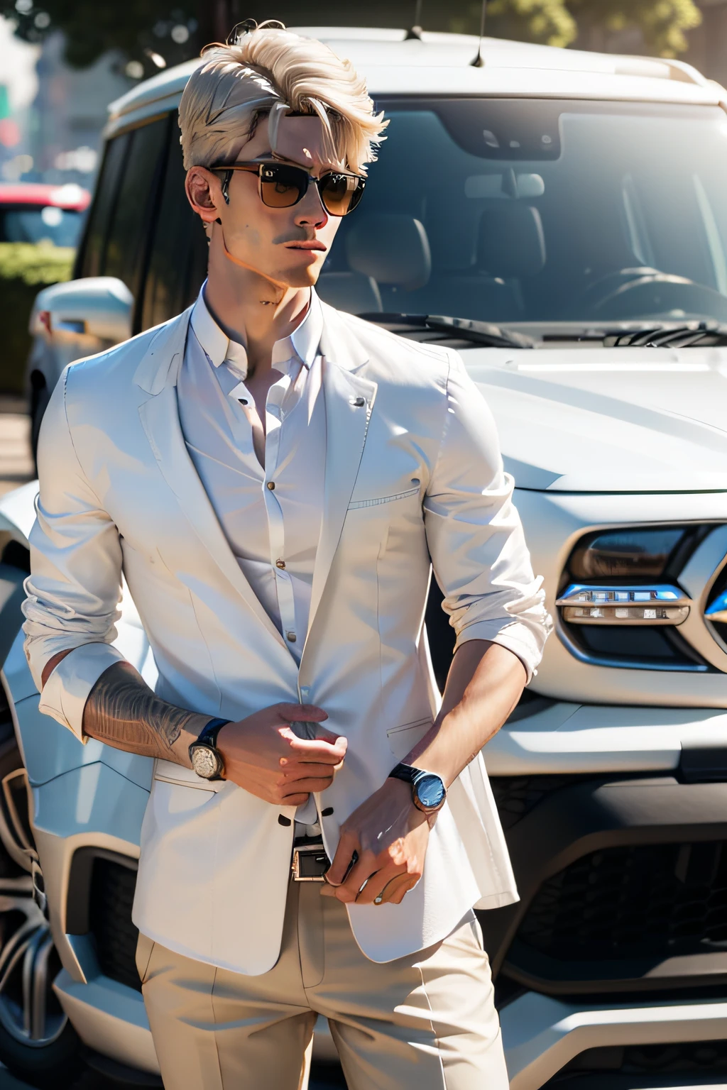A man 1.8 meters tall,White color blouse,short detailed hair,With sunglasses,Carry a famous watch in his right hand,Stand in front of the Mercedes G63,