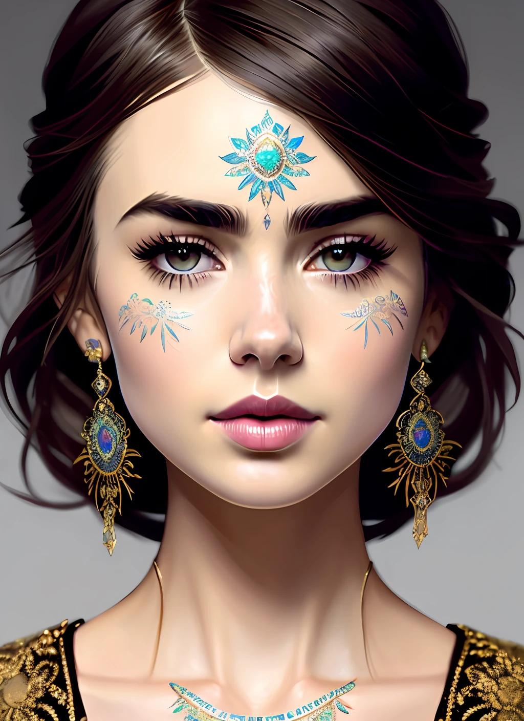 lily collins style lily collins (symmetry:1.1) (portrait of floral:1.05) a woman as a beautiful goddess, (assassins creed style:0.8), black and white and opal color scheme, beautiful intricate filegrid facepaint, intricate, elegant, highly detailed, digital painting, artstation, concept art, smooth, sharp focus, illustration, art by greg rutkowski and alphonse mucha, 8k