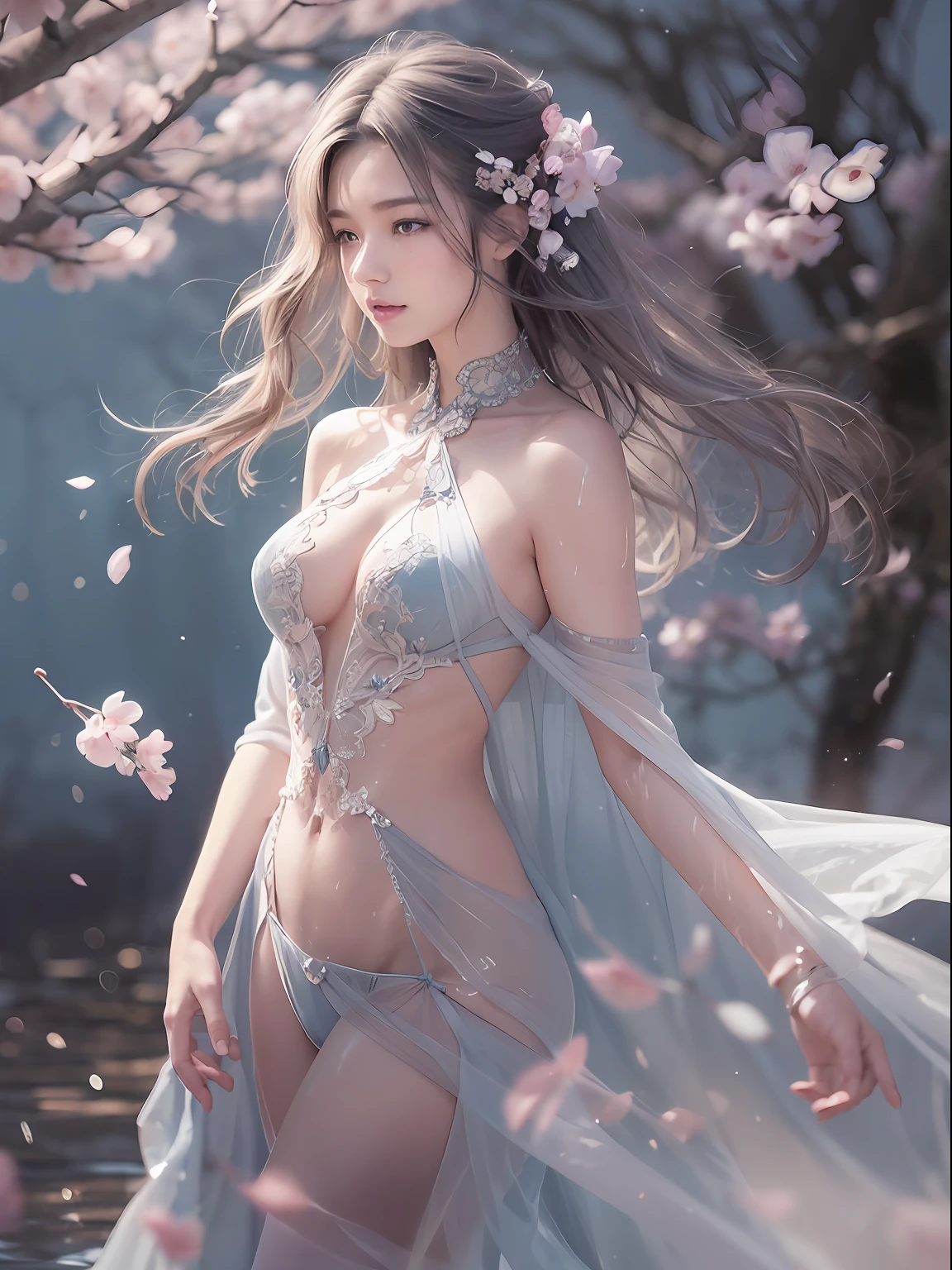 loose outfit、Show shoulders、How to wear a gown with a broken see-through halter neck、Decorated with intricate patterns and pastel colors、Transparent material that makes the skin shine、Artistic depiction of seductive woman in gown with wet thin cloth and transparent skin, Floral and fantastic pattern with flowing silky traditional see-through skin。Her dress draped elegantly around her curvaceous figure、Emphasizes her charming silhouette。She's a gentle fireworks night、Dynamic Posing、Sexy Posing、bathed in the soft glow of moonlight。The scene is、With a hint of mystery and sensuality、It exudes an ethereal dreamy atmosphere。The image style is、It incorporates a blend of watercolor and digital illustration techniques.、It makes you feel delicate beauty and charm。Soft moonlit lighting、Cast gentle highlights and shadows on her mesmerizing features。Dynamic Posing、Bold poses、The hand is somewhere、see -through、show through、A sexy、Wet hair、Wet、cherry trees、flower petals、cherryblossom、The cherry tree、Sakura blizzard、buried、Transparent skin、Wet clothes、Chest Pulling、Translucent clothes、Eau、nudde、2a person、