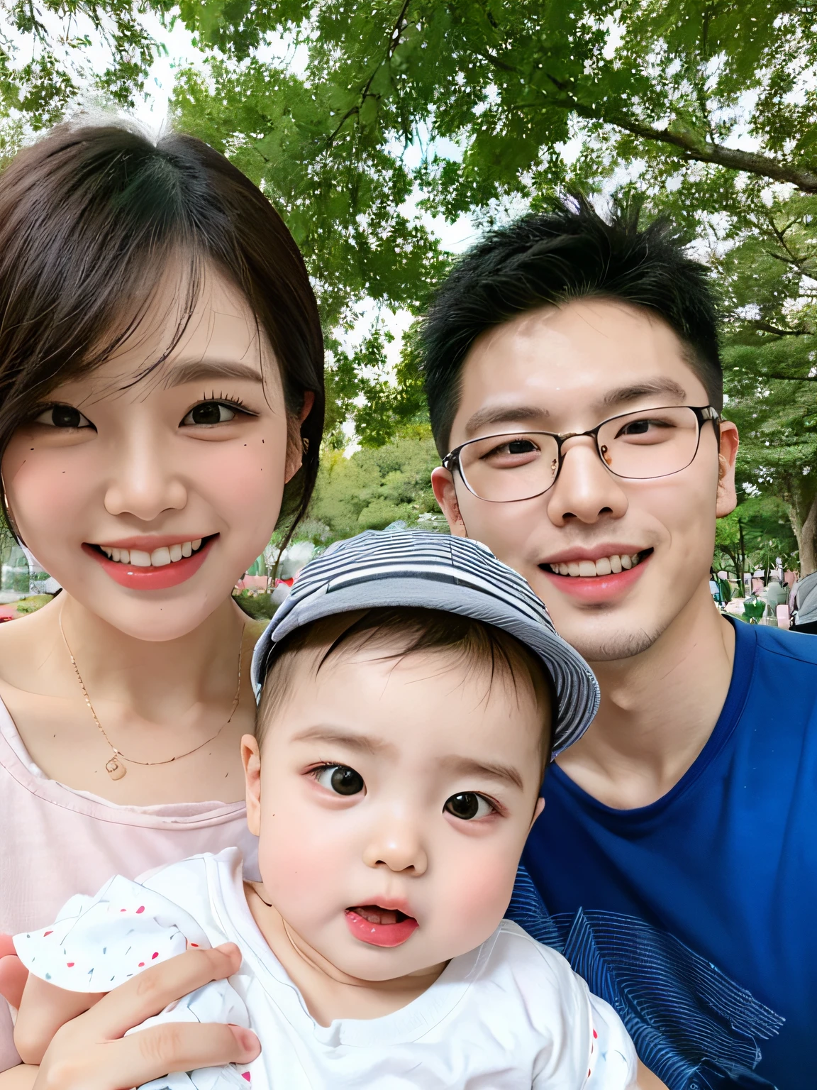 There is a man and a woman holding a baby in the park, Happy family, husband wife and son, ruan jia and brom, 2 8 years old, Family, 3 2 - year - old, 2 9 years old, 3 6 years old, at park, steve zheng, 2 7 years old, stanley lau, 38 years old, park in background。Manhwa Style