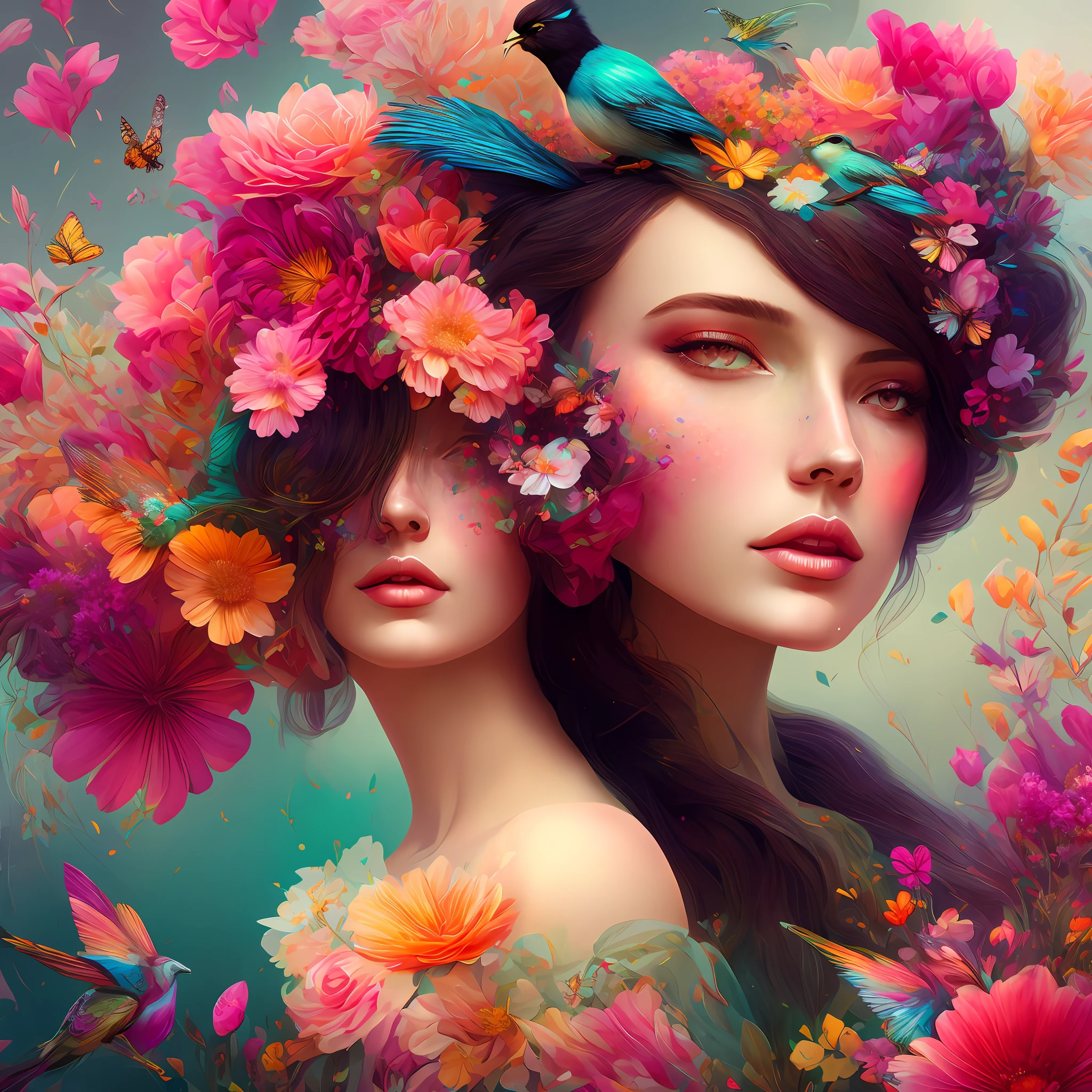 a close up of a woman with a flower in her hair, beautiful gorgeous digital art, a beautiful artwork illustration, beautiful digital artwork, in style of anna dittmann, big birds, colorful birds, spring birds, butterflies, colorful butterflies, branches with flowers, spring in background, pastel shades, neutral shades