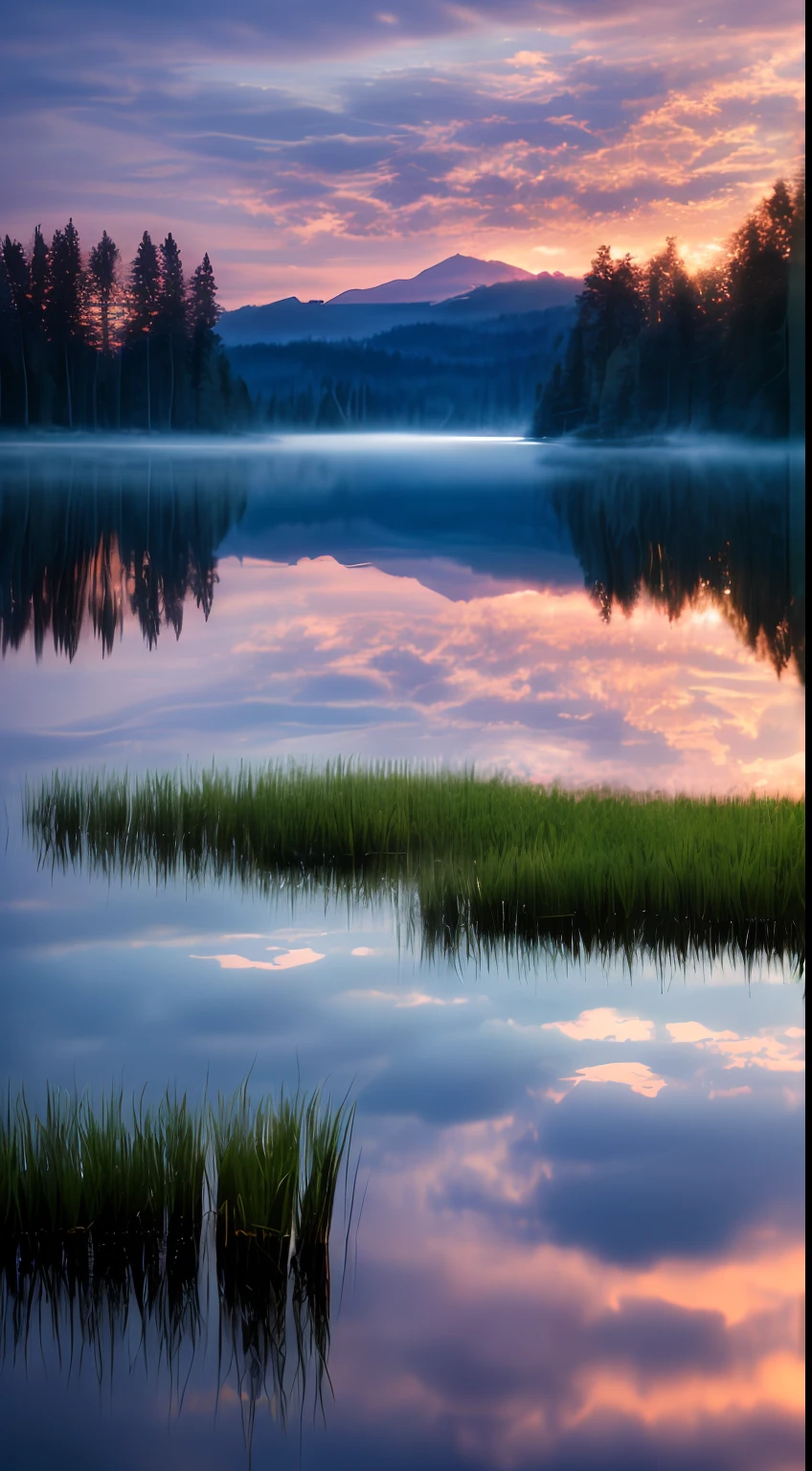 Wallpaper, Summer, Lake, Dawn, Forest, Clouds, Dawn Background, Depth of Field, HD Detail, Hyper Detail, Cinematic, Soft Light, Deep Field Focus Bokeh, Ray Tracing, Diffuse (Ultra Fine Glass Reflections) and Realism . --v6