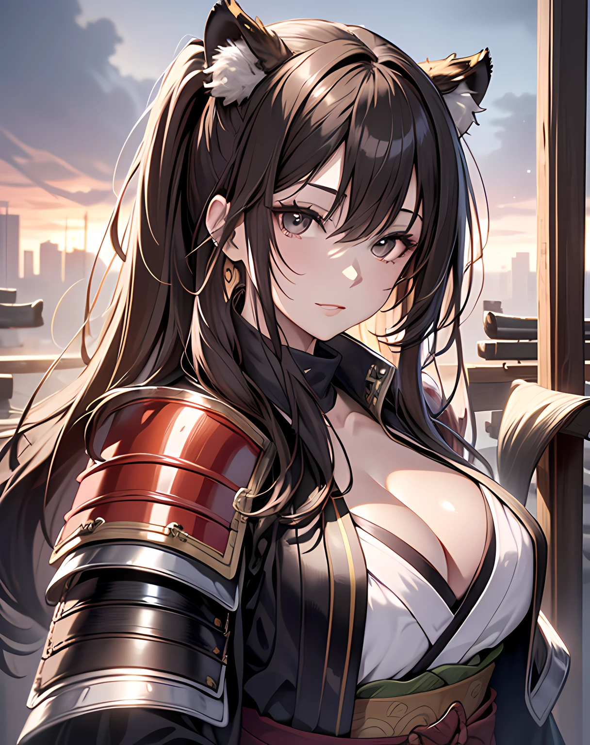 photo realistic, anime style, (8k, RAW photo, best quality, masterpiece:1.2), High detail RAW color photo, professional photograph, cowboy shot, (realistic, photo realistic:1.37),cinematic light, (finery detailed face:1.2), cowboy shot, thigh 1 girl, 18-28 years old, very cute, very beautiful, photo realistic, event companion, BREAK, white skin, real human skin, (detailed face), oval face, pores, ultra high res, BREAK, slim, (medium-large-breast:1.37, cleavage:1.37), (looking straight at viewer with a serene and goddess-like happiness:1.2), (lifter gloss, eyelashes, gloss-face, best quality, ultra highres, Broad lighting, natural shading), (beautiful thin long hair, pony-tail:1.3, brown hair),, BREAK, 1 woman, elegant beauty, radiant skin, (Maeda Keiji costume:1.3), (warring-states-era:1.4), solo, (eccentric-fashion:1.2), (tiger-pattern-accent:1.3) (samurai-armor:1.5), detailed traditional clothing, (style-sengoku:1.3), detailed face expression, (style-dynamic:0.8), standing pose, holding katana, determined expression, (background: battlefield), (style-battle-ready:0.9), historical atmosphere, armor details, detailed background, (style-wafuku:0.9), powerful aura,
