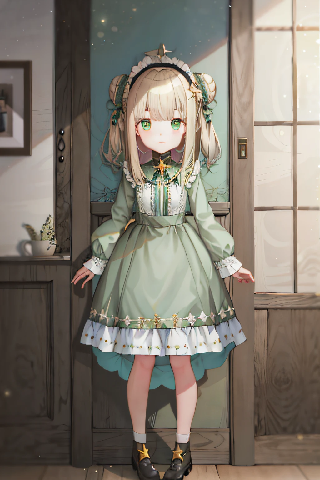 (tmasterpiece,best qualityer),prengant,Tattooed with,Vtuber whole body,blond hairbl,Green eyes,longer sleeves,double bun hair,green-shirt,Fluffy long sleeves,shift dresses,Fluffy sleeves,frilld,Green dress,star hair ornament,a skirt,The shirt,black hair band,full bodyesbian,(White back),