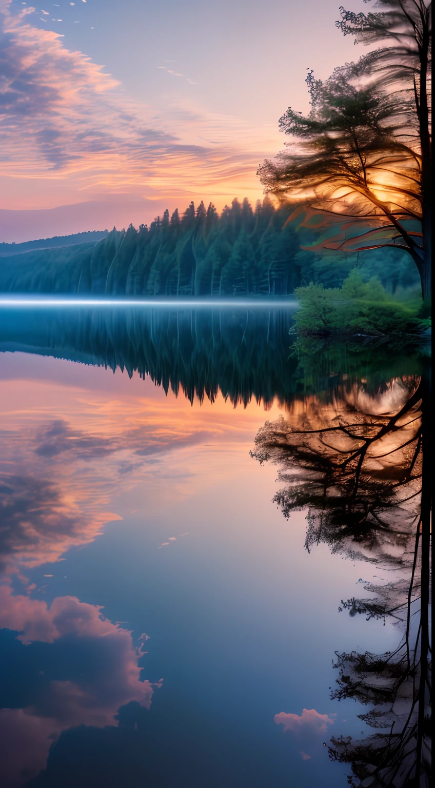 Wallpaper, Summer, Lake, Dawn, Forest, Clouds, Dawn Background, Depth of Field, HD Detail, Hyper Detail, Cinematic, Soft Light, Deep Field Focus Bokeh, Ray Tracing, Diffuse (Ultra Fine Glass Reflections) and Realism . --v6