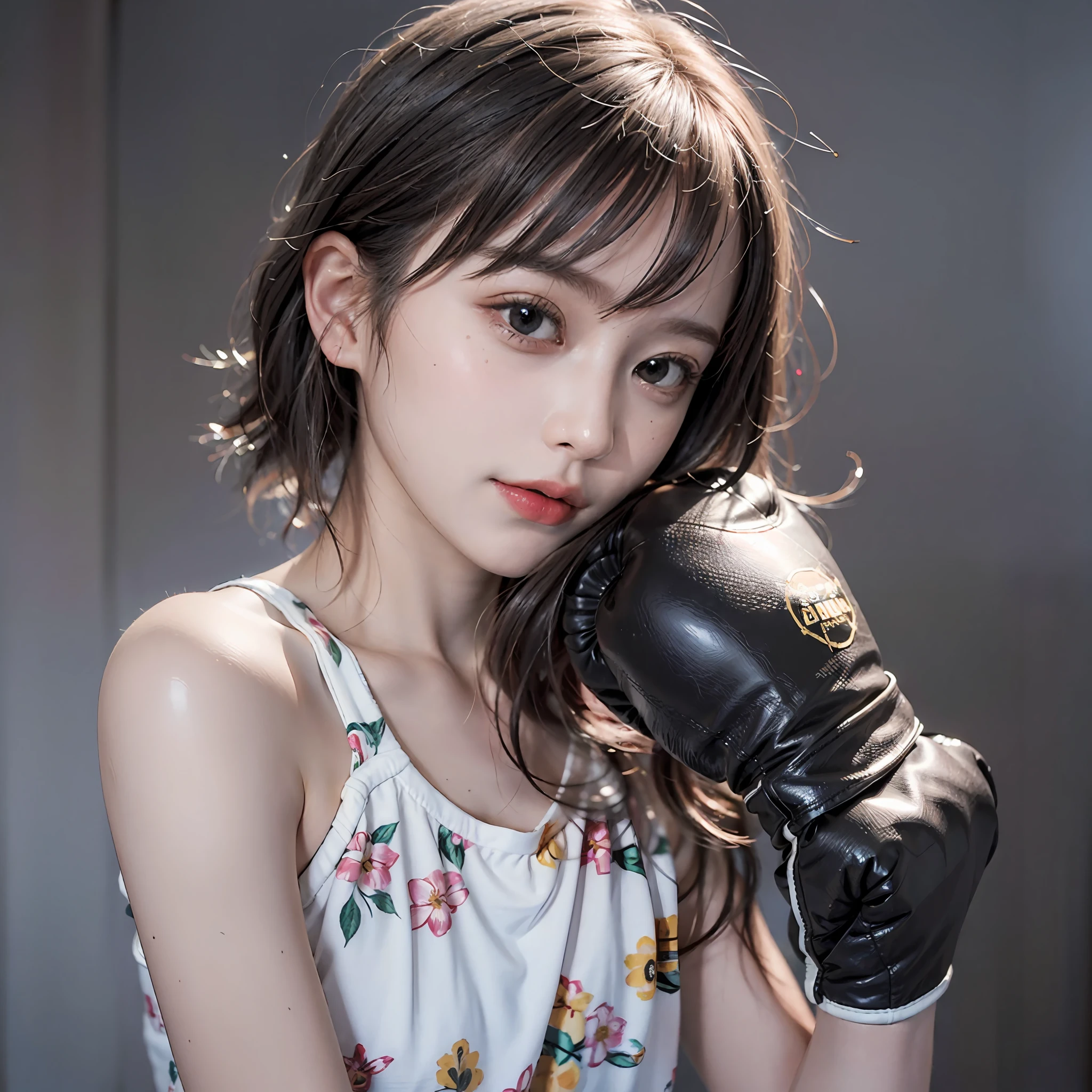 Best Quality, boxer, (Photorealsitic:2), 超A high resolution, Highly detailed, A hyper-realistic, 1girl in, (Boxing gloves), Floral pattern,  colourfull_head_hair、(((very_short_head_hair))), Short hair, Full Shot, Looking at Viewer, ((Boxing rings)),  Bright atmosphere, spot light, Detailed background