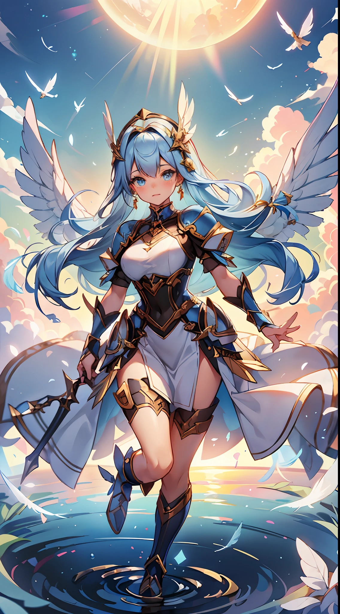 ((4K,masutepiece,Best Quality)), maxiskit, dress conservatively 1 girl, Solo, Full body, wide shoot,(((Cute angel flying in the blue sky))), Fantasy, Big Angel Wings, Big smile, Blue long wavy hair, Blue hair, Delicate eyes, beautifullydetailedbackground, (on clouds), (Full speed、fly)、 (2 large feathers:1.3), Lens Flare,