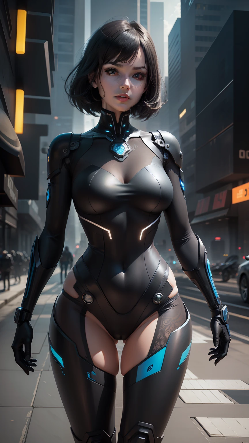 Complex 3d rendering very detailed beautiful ceramic silhouette female robot face, black rough lycra leotard, glowing blue band, cyborg, robot parts, robotic arm, robotic legs, looking viewer, 150mm, soft light, edge light, vibrant detail, luxurious cyberpunk, lace, surrealism, anatomy, facial muscles, tight, cable wire, microchip, elegant, beautiful background, octane rendering, HR Giger style, 8k, best quality, masterpiece, illustration , extremely refined and beautiful, extremely detailed, CG, unified, wallpaper, (realistic, realistic: 1.37), amazing, fine details, masterpiece, best quality, official art, very detailed CG unified 8k wallpaper, full body, grinning, standing, sexy pose, small tits, futuristic city, architecture, outdoors