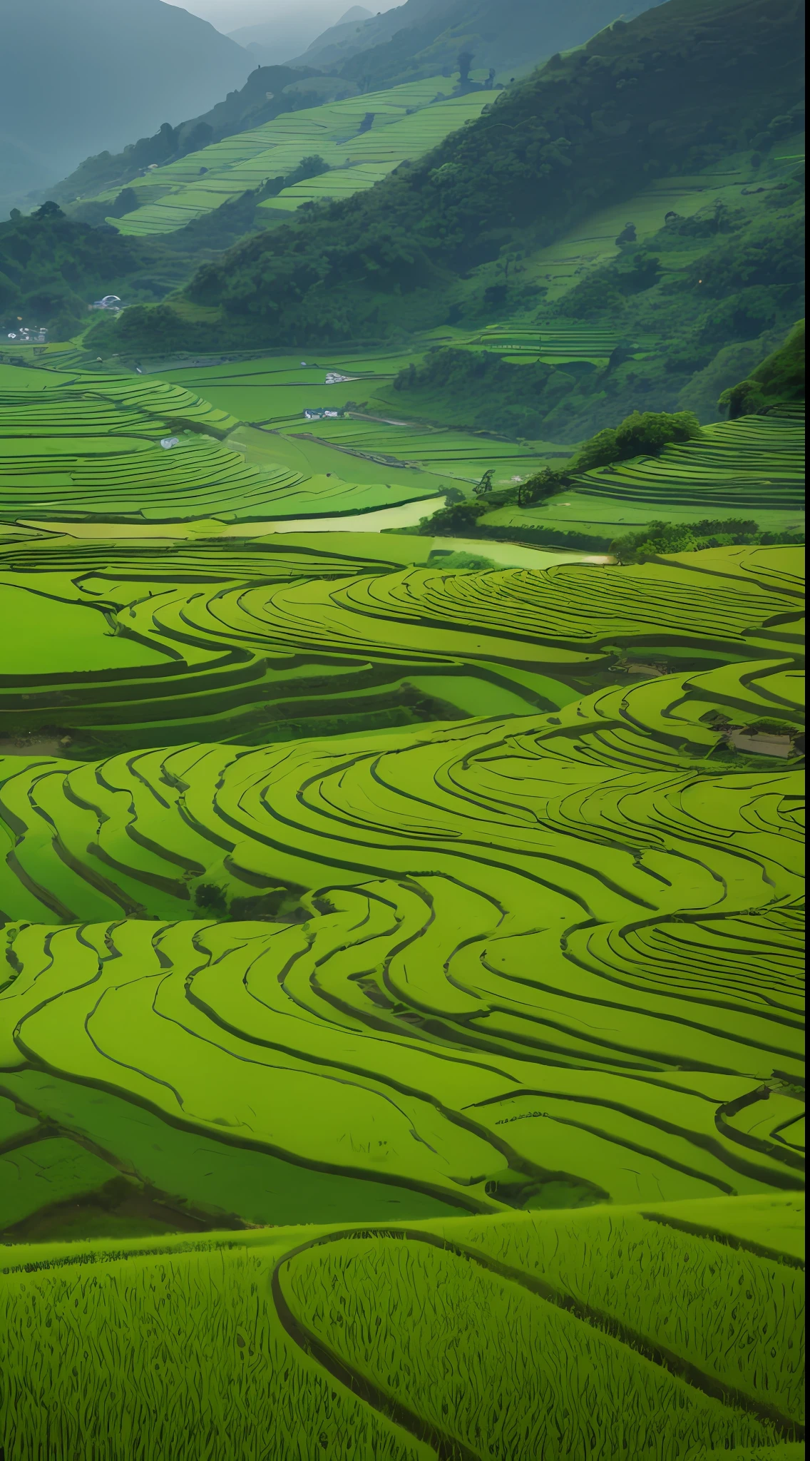 Large expanses of terraced fields, mountains, huts, with rice fields, rice fields, neat rice seedlings in the fields, misty rain, villages, agriculture, in the tranquil landscape, misty weather, in the vast tranquil landscape, in the early morning, in the morning mist, behind a small village, mist, Japanese countryside, thatched roofs