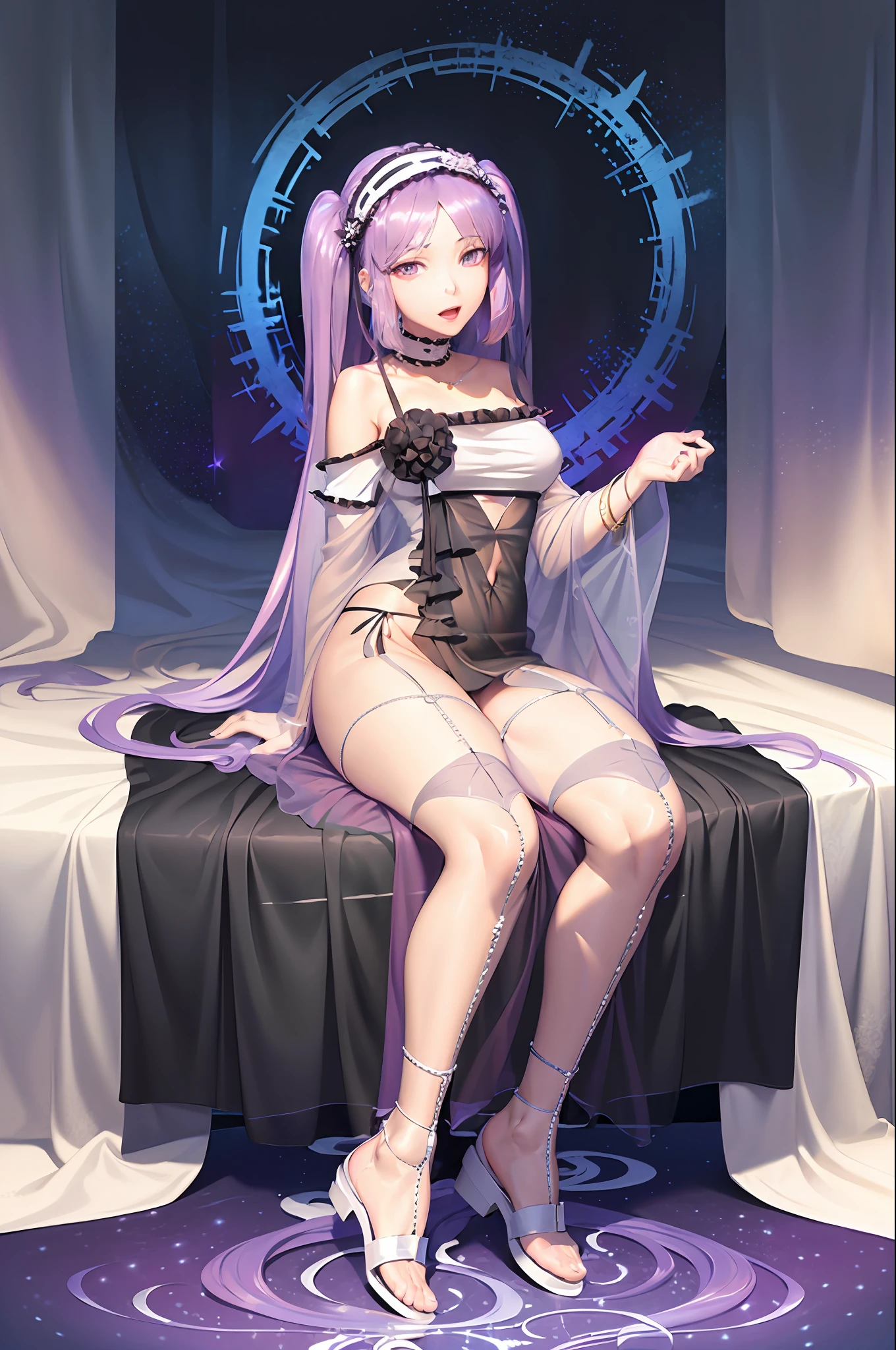 masterpiece, best quality,multiple girls, siblings, 2girls, sandals, dress, stheno (fate), panties, underwear, open mouth, breasts, ass, smile, white dress, sitting, see-through, white panties, looking at viewer,(kbxll:0.6)