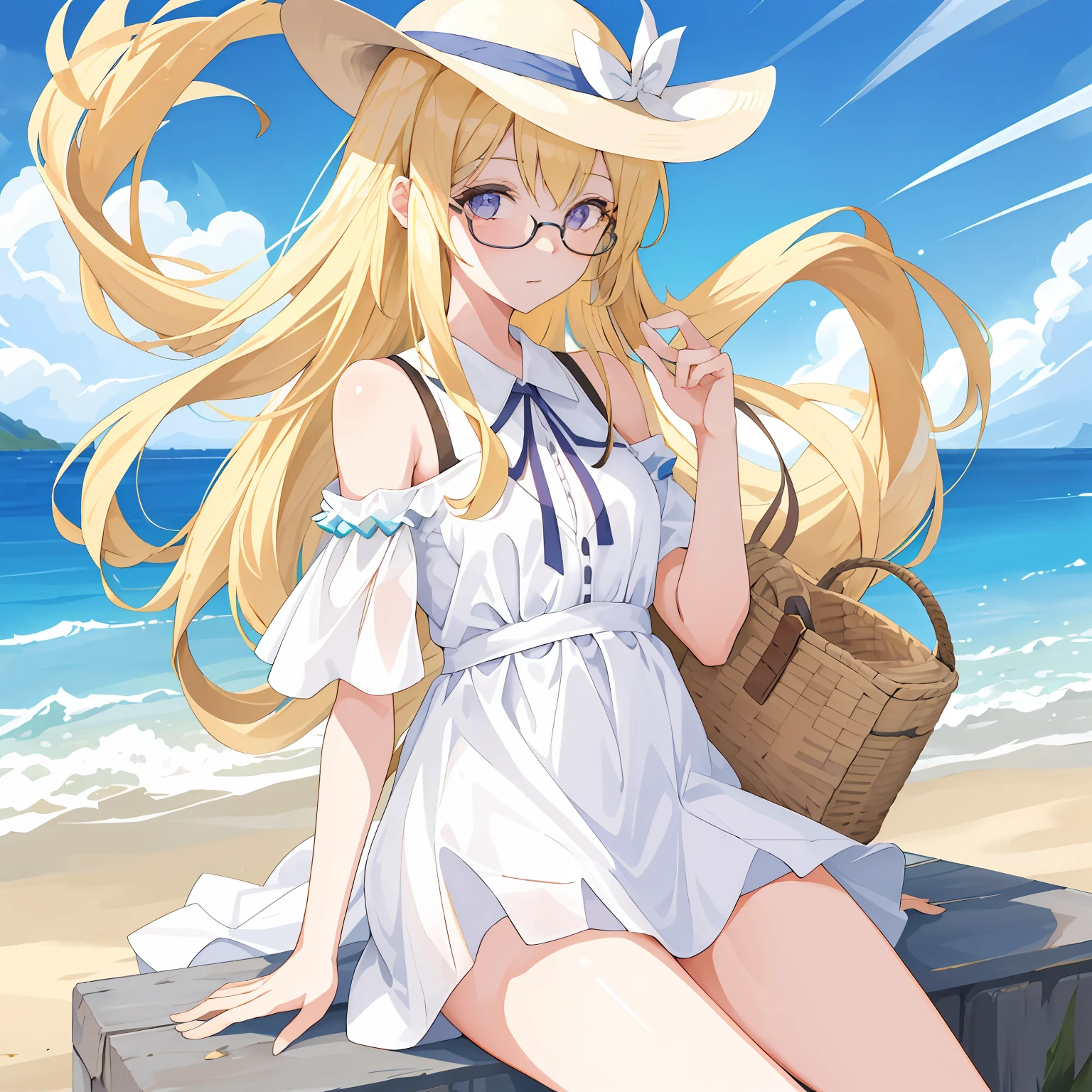 Girl with off-the-shoulders sitting on the beach，Wearing a white dress，Wearing a sun hat，She has long blonde hair，The eyes are light purple，Pasta ribbon in hand，Surrounded by sparkling waters and coastline，She also wears glasses。