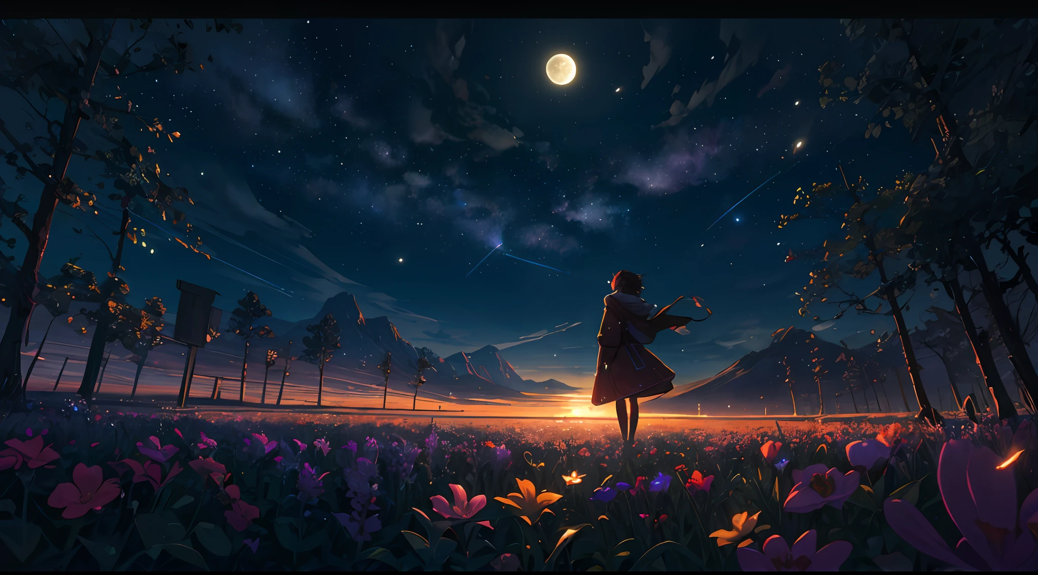 Vast landscape photo, (viewed from below, the sky is above and the open field is below), a girl standing on a flower field looking up, (full moon: 1.2), (meteor: 0.9), (nebula: 1.3), distant mountains , Trees BREAK Crafting Art, (Warm Light: 1.2), (Fireflies: 1.2), Lights, Lots of Purple and Orange, Intricate Details, Volumetric Lighting, Realism BREAK (Masterpiece: 1.2), (Best Quality), 4k, Ultra-Detailed, (Dynamic Composition: 1.4), Very Detailed, Colorful Details, (Rainbow Colors: 1.2), (Glow Lighting, Atmospheric Lighting), Dreamy, Magical, (Solo: 1.2)