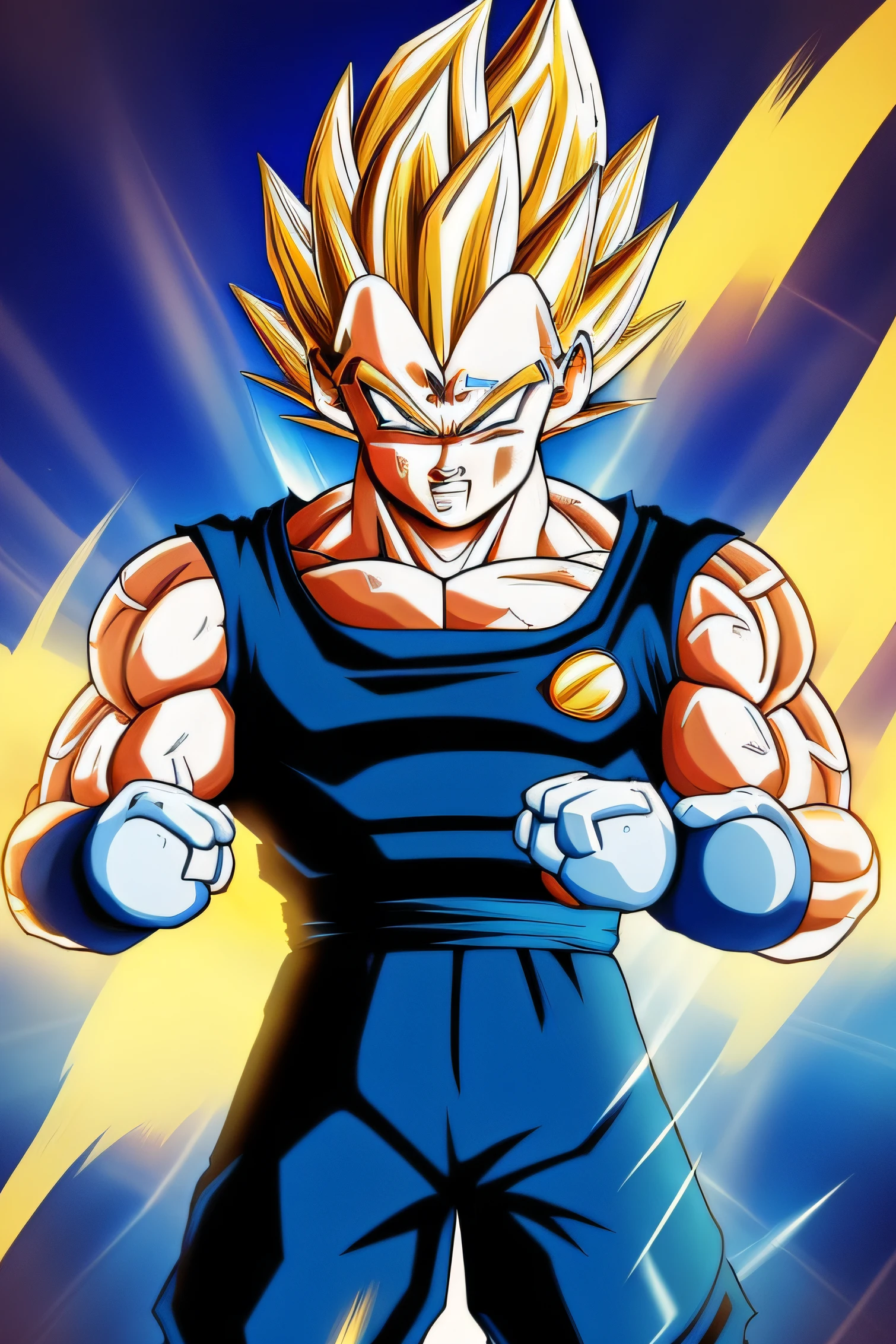 Por favor, crie uma imagem de um personagem de Dragon Ball Z, Training in a bodybuilding gym (Goku ou Vegeta). O personagem deve estar levantando halteres, fazendo supino ou agachamento com barra. Make sure the image conveys a sense of determination and physical exertion. Feel free to add elements that you think are suitable for a gym environment, como equipamentos, se desejar. The goal is to create an animated and dynamic scene