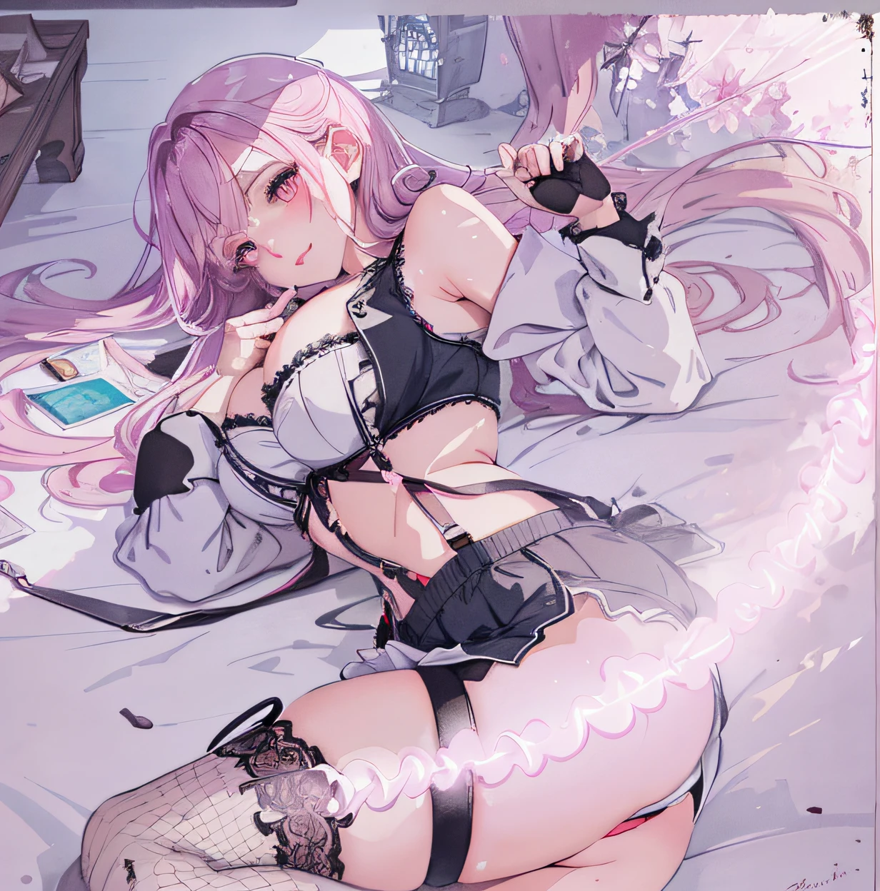 Charming loli, sensual lingerie, Suspender stockings, looking at viewert, busty figure, fleshy feeling, Sweat profusely, Perfect details, High-resolution fine textures, Depth of field effect, Brilliant lighting effects, lightand shade contrast, Ray tracing and flare effects, Best texture, Genre painting