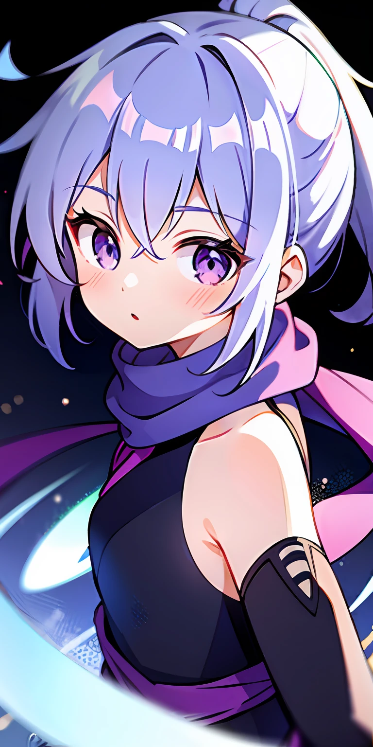 1 girl on the upper body，She has a white ponytail and purple eyes。She is a ninja，Armed with a short sword，Wear a mid-chest scarf。The background is wallpaper with magic arrays，There are light particles and cyan flames around。