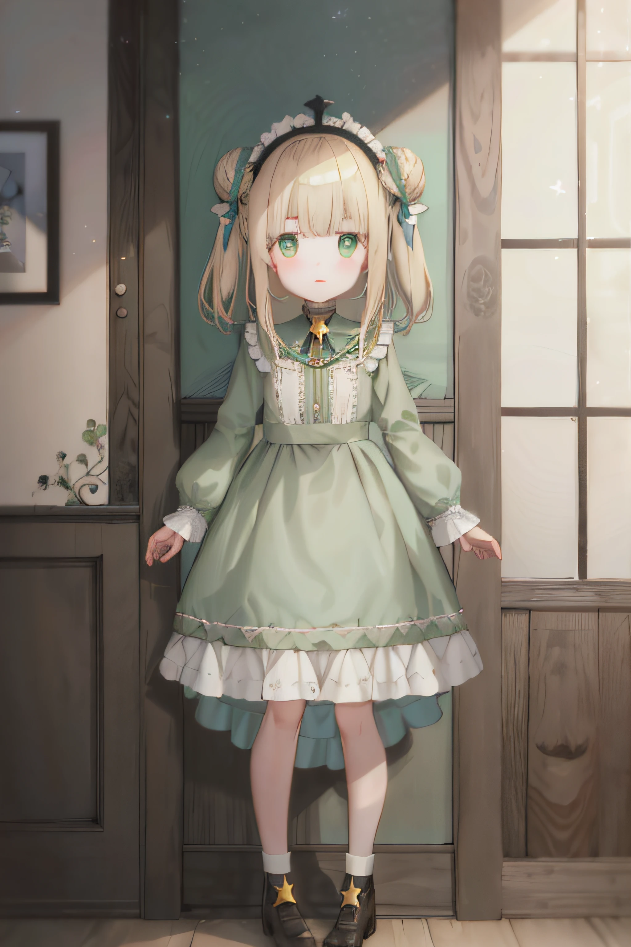 (tmasterpiece,best qualityer),Vtuber whole body,blond hairbl,Green eyes,longer sleeves,Double bun,green-shirt,Fluffy long sleeves,shift dresses,prengant,Fluffy sleeves,frilld,Green dress,star hair ornament,a skirt,The shirt,black hair band,full bodyesbian,(White back),