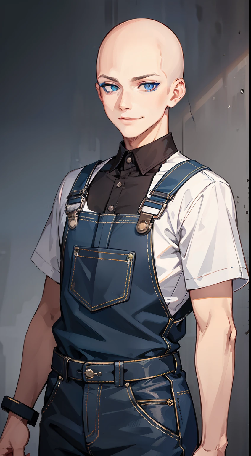 Young guy, bald, The eyes are blue, blue overalls, bloods, knife, smirk, eye shadow, Masterpiece, hiquality