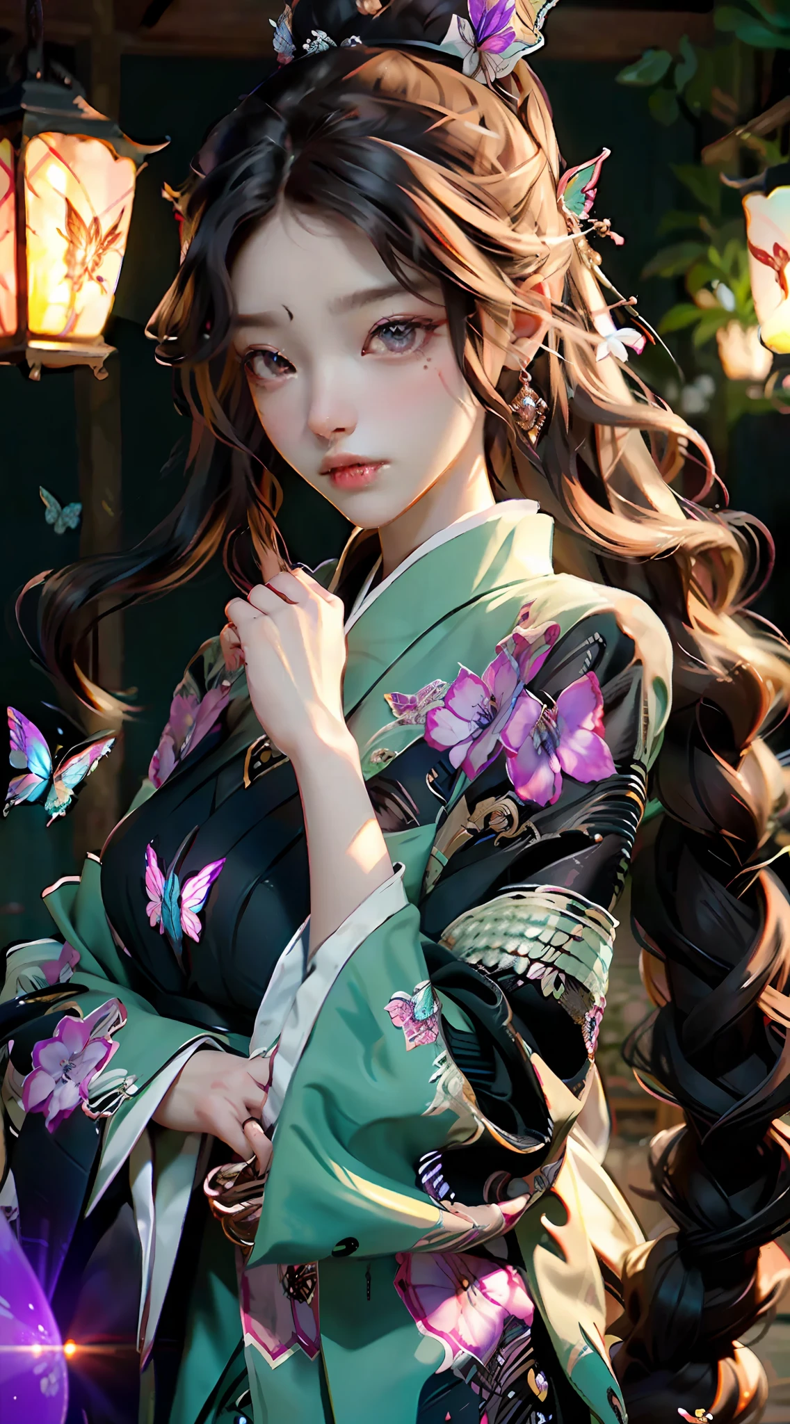 (filigree,Sharp images,Hyper-Resolution,Extremely amazing detail,awe-inspiring detail),tmasterpiece,best qualtiy,high qulity,(1girll:1.2),Butterfly demon,feelers,youkai,moths,Long curly black hair,with brown eye,Kizi,Delicate facial features,curlies,Hair flying,Natural light,
